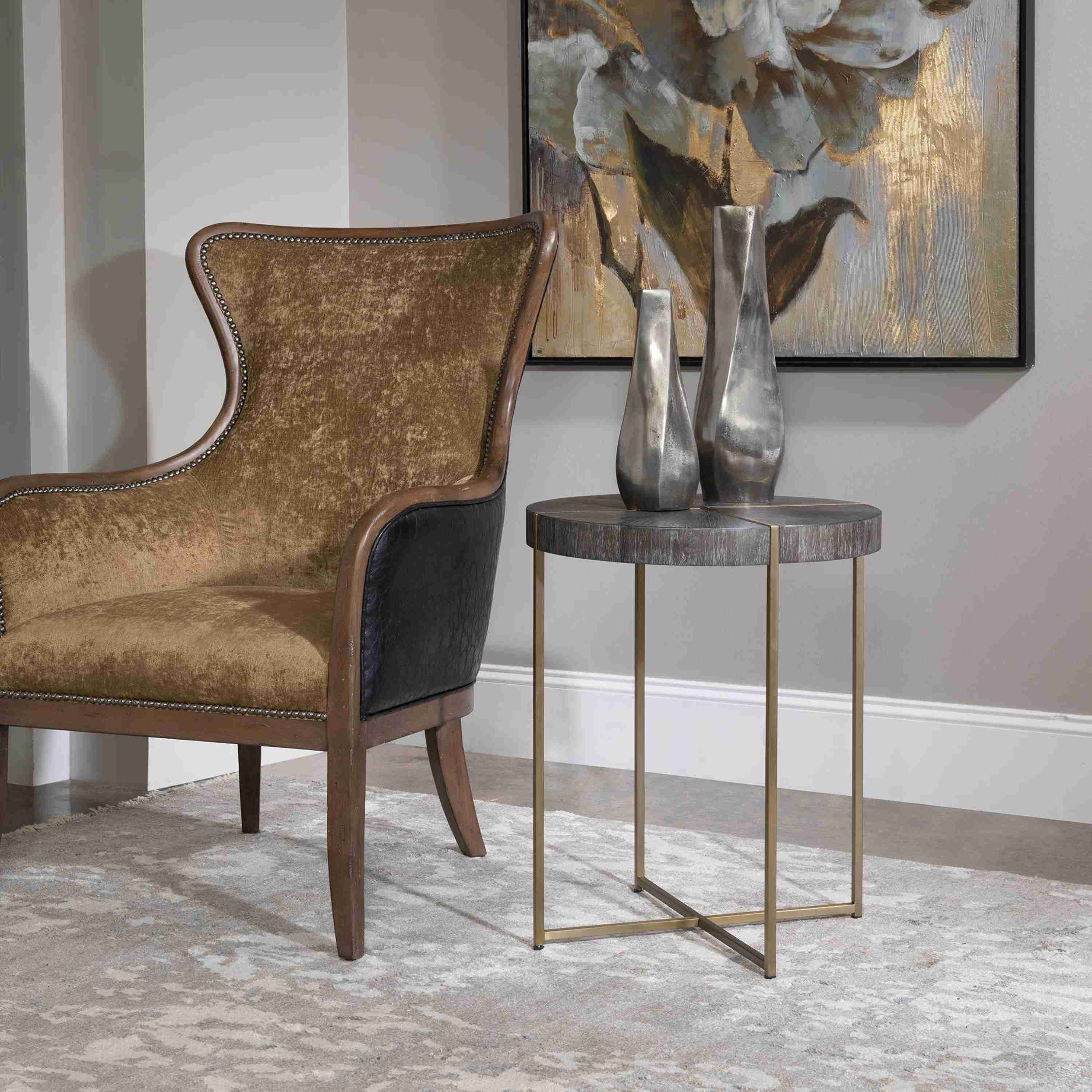 Uttermost Taja Washed Gray Walnut Top With Brushed Brass Steel Base Contemporary Accent Table - Image 1
