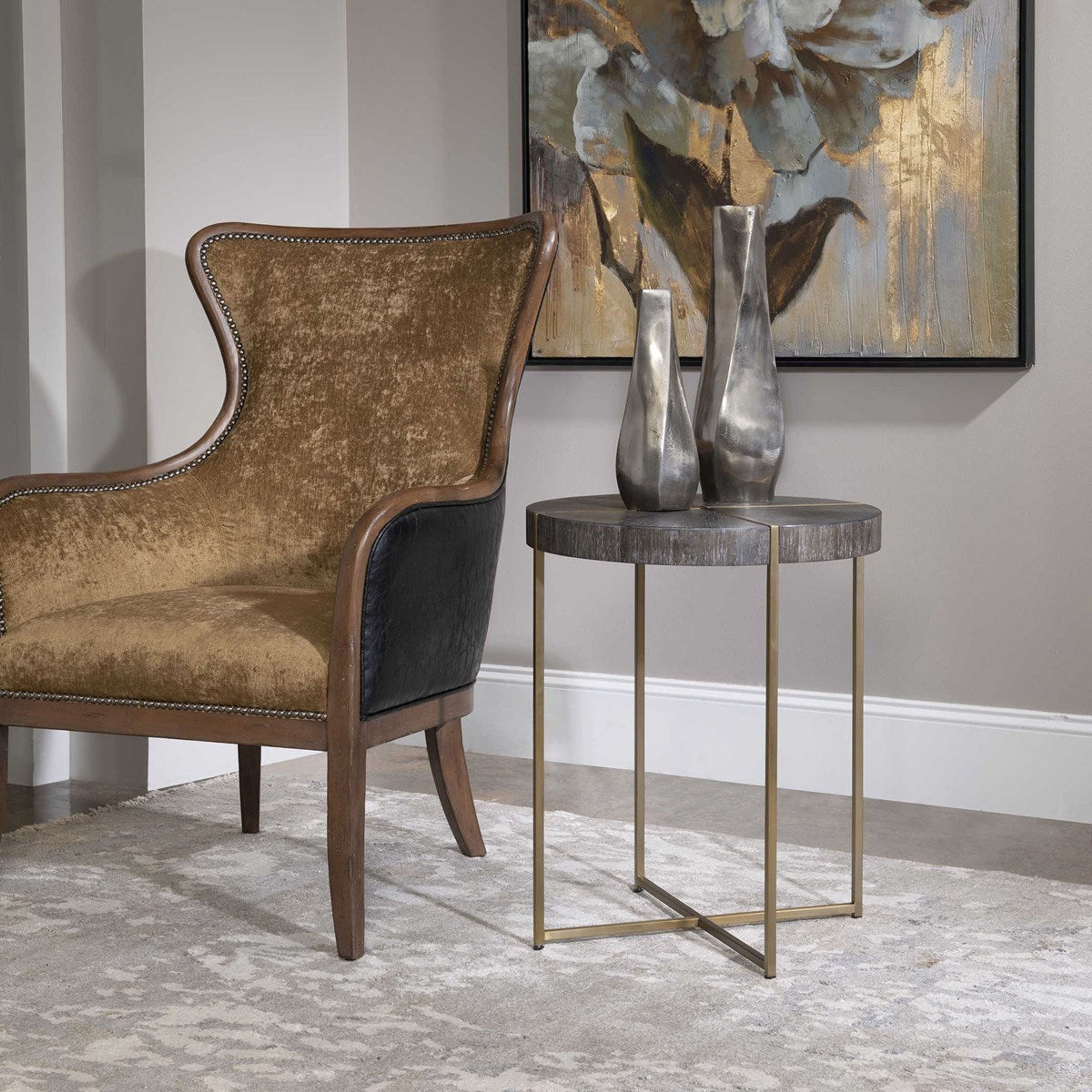 Uttermost Taja Washed Gray Walnut Top With Brushed Brass Steel Base Contemporary Accent Table - Image 2