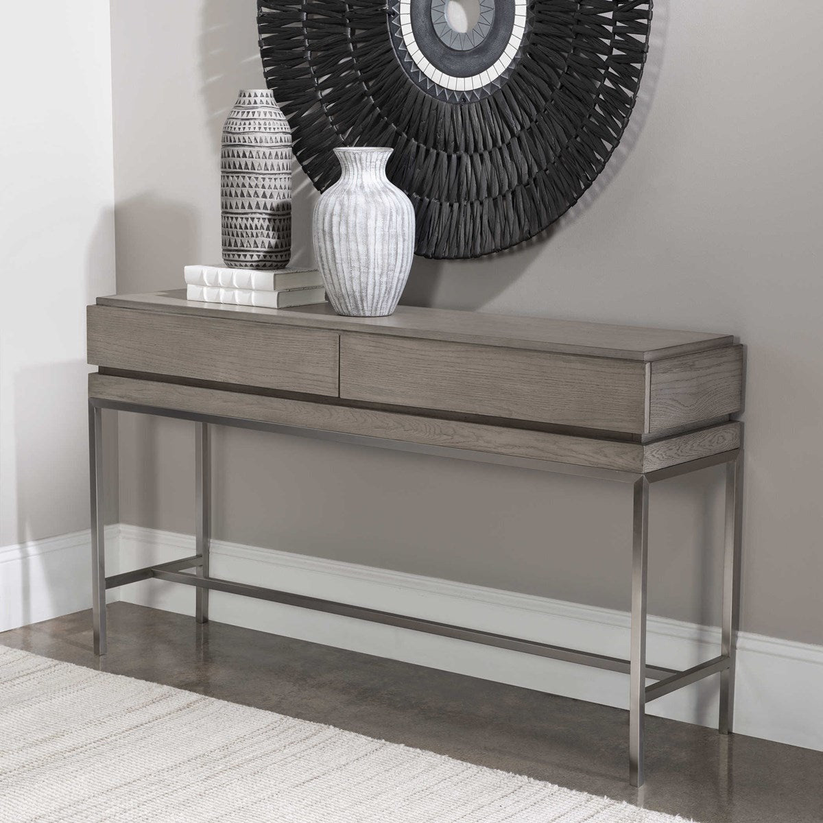 Uttermost Kamala Mushroom Gray Stain Oak With Brushed Nickel Steel Modern Console Table - Image 3