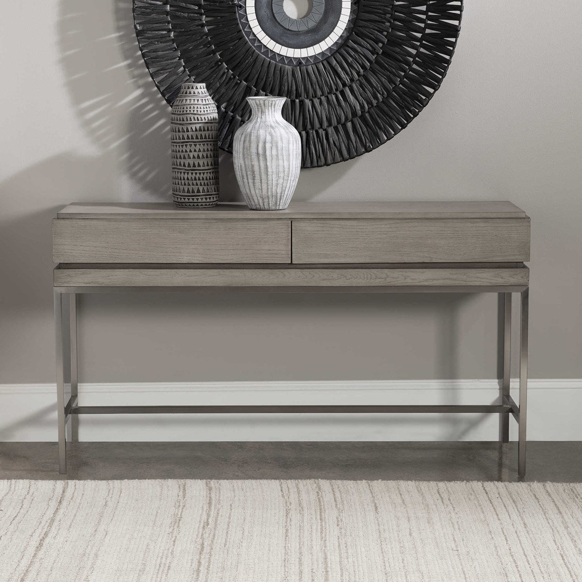 Uttermost Kamala Mushroom Gray Stain Oak With Brushed Nickel Steel Modern Console Table - Image 1