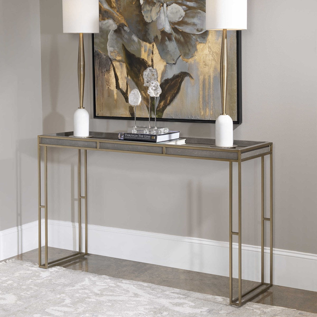 Uttermost Cardew Charcoal Gray Faux Shagreen With Brushed Brass Base Modern Console Table - Image 3
