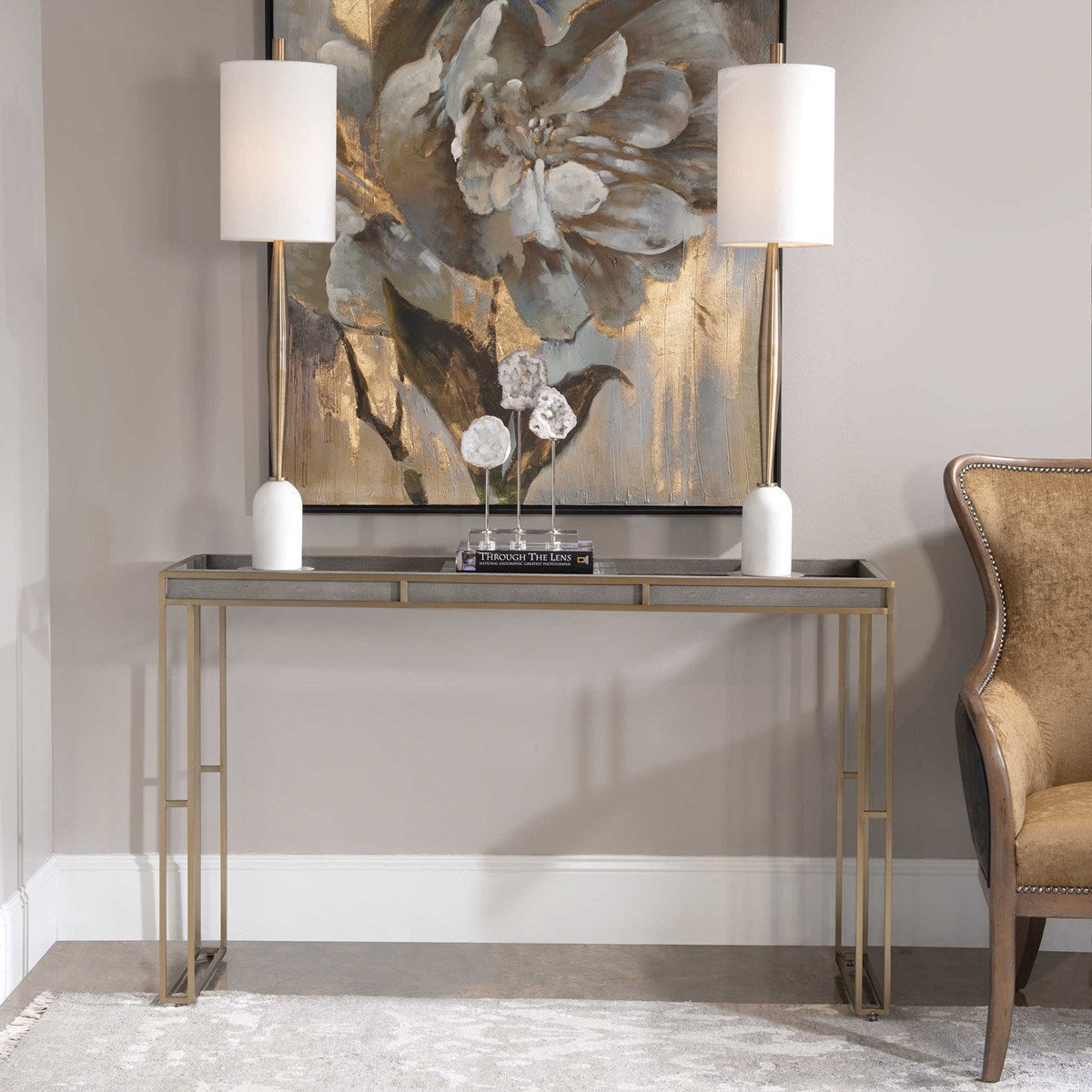 Uttermost Cardew Charcoal Gray Faux Shagreen With Brushed Brass Base Modern Console Table - Image 1