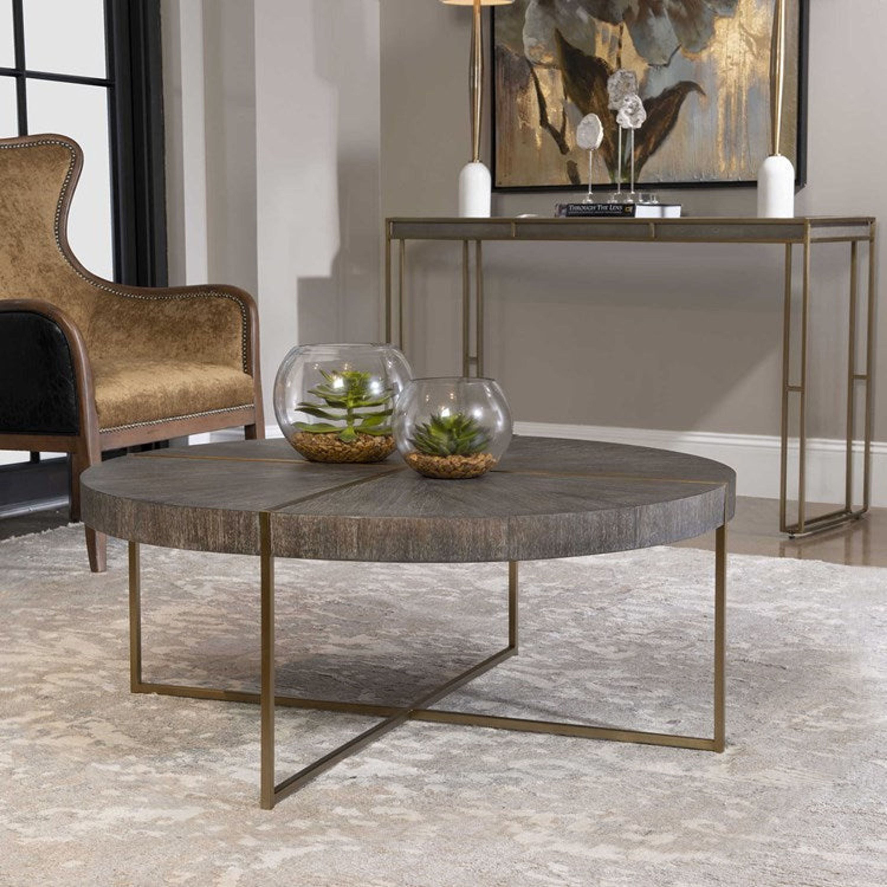 Uttermost Taja Washed Gray Walnut Top With Brushed Brass Steel Base Contemporary Coffee Table - Image 3
