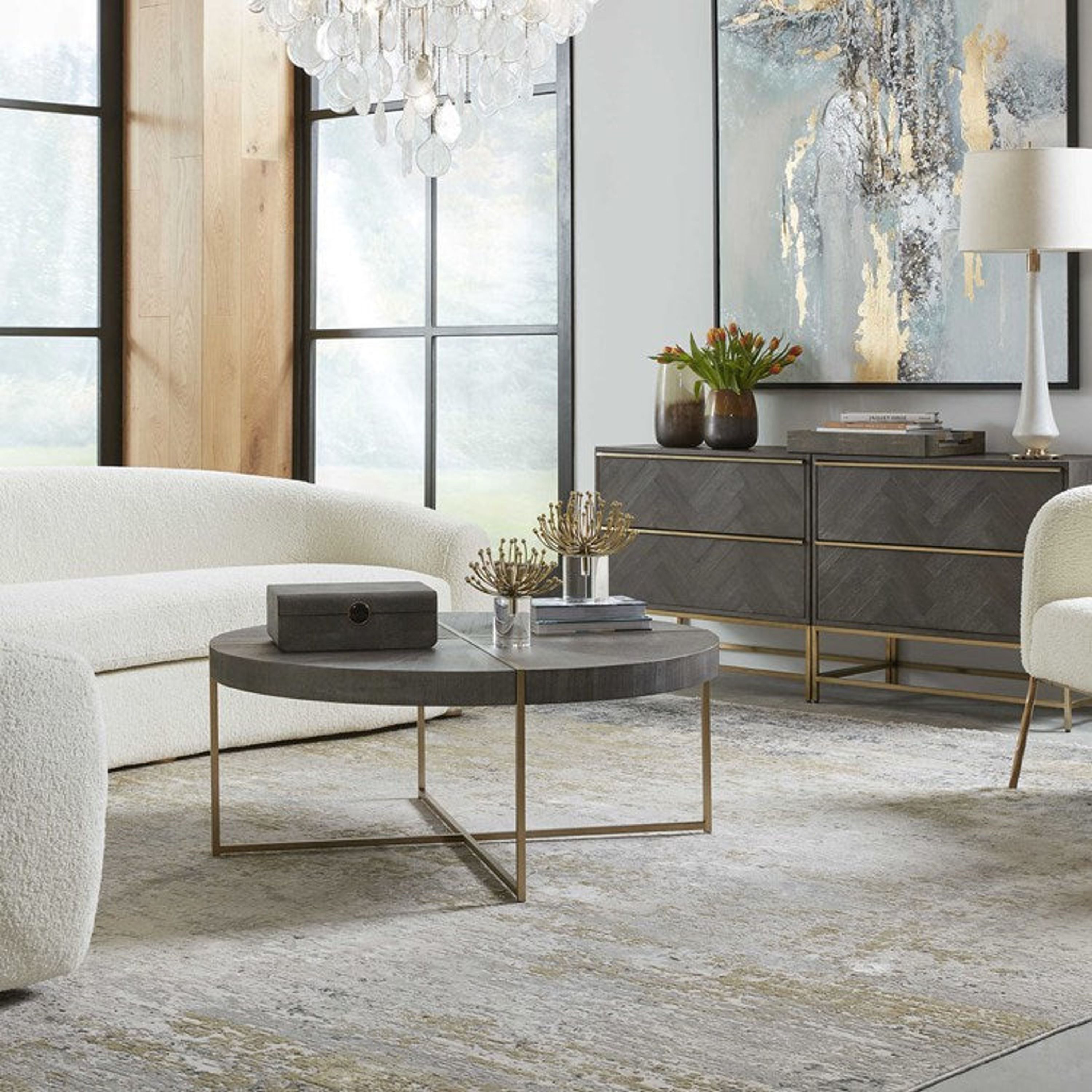 Uttermost Taja Washed Gray Walnut Top With Brushed Brass Steel Base Contemporary Coffee Table - Image 1