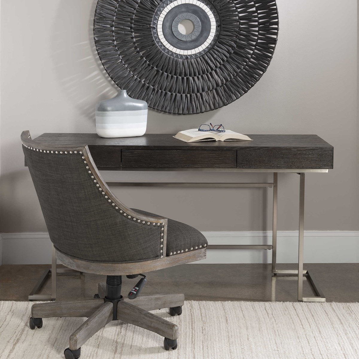 Uttermost Claude Smoke Grey With Brushed Nickel Contemporary Desk - Image 1