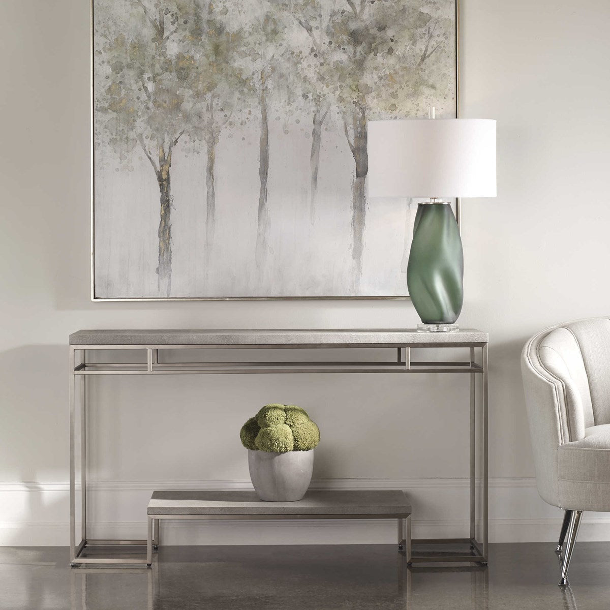 Uttermost Clea Light Gray Wash Faux Shagreen Top With Brushed Nickel Contemporary Console Table - Image 1
