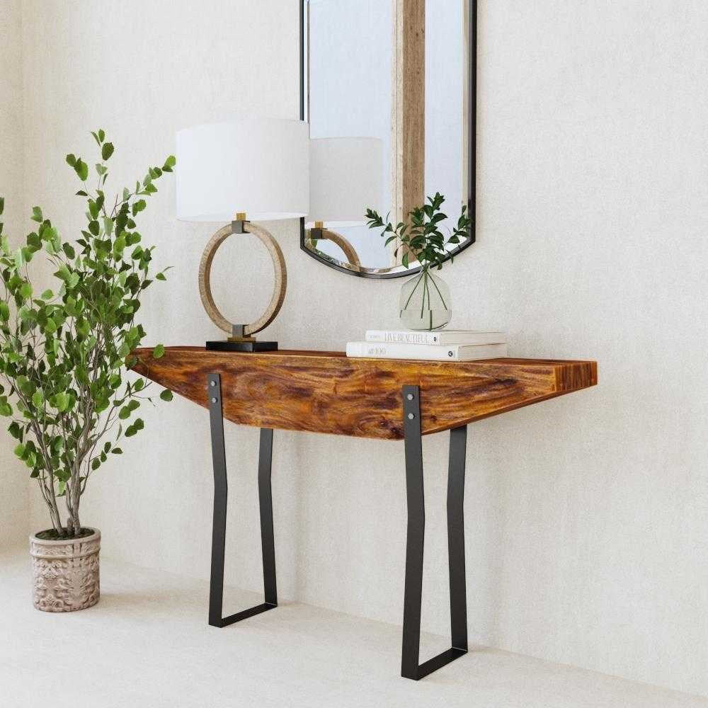 Uttermost Emryn Weathered Wood Top With Aged Bronze Iron Rustic Modern Console Table - Image 1