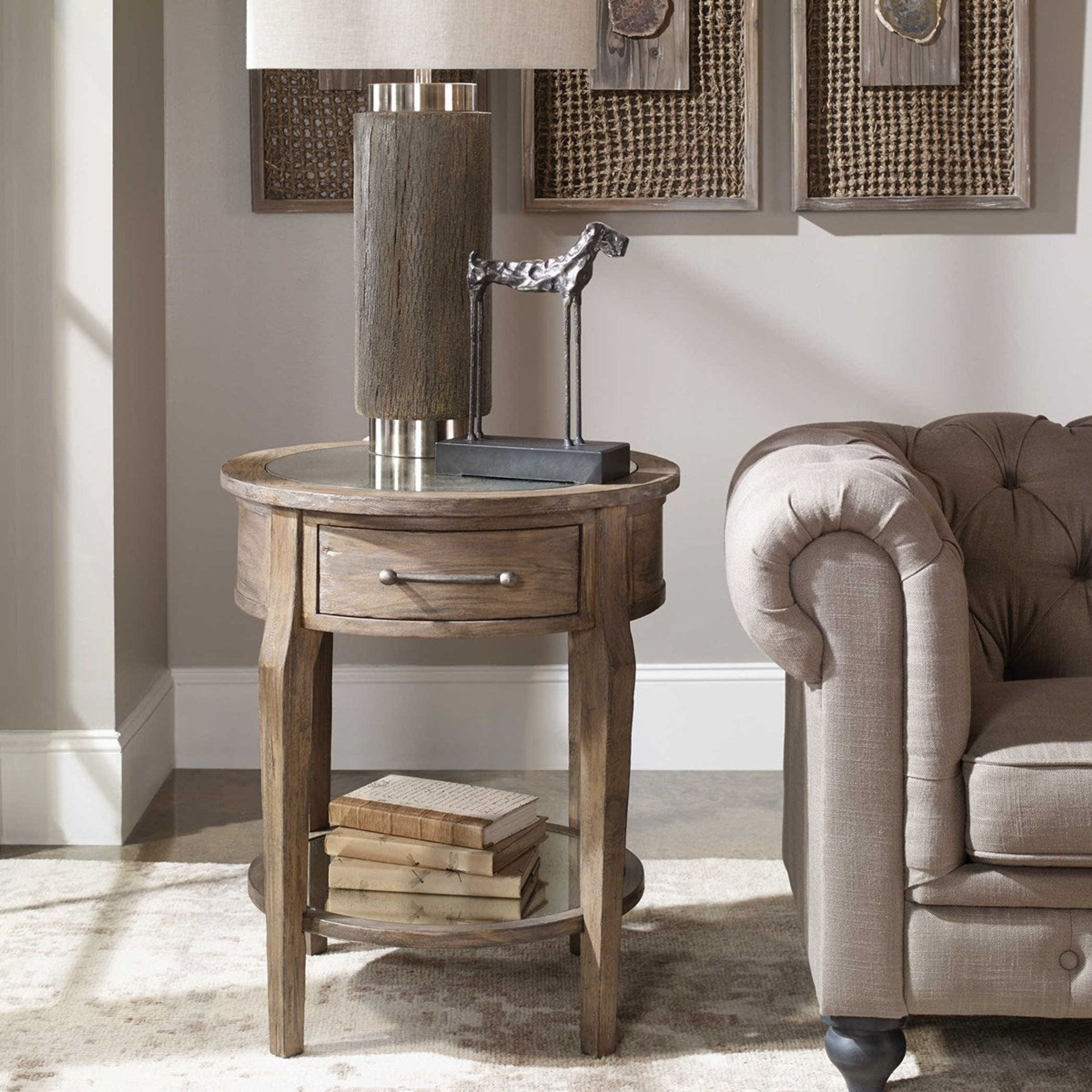 Uttermost Raelynn Antiqued Mirror Top With Mango Wood Rustic Round End Table - Image 1