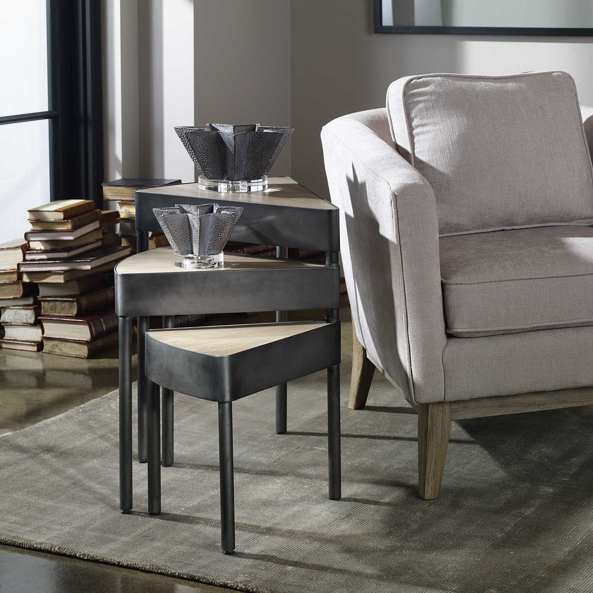 Uttermost Akito Wood With Aged Steel Nesting Table - Image 1