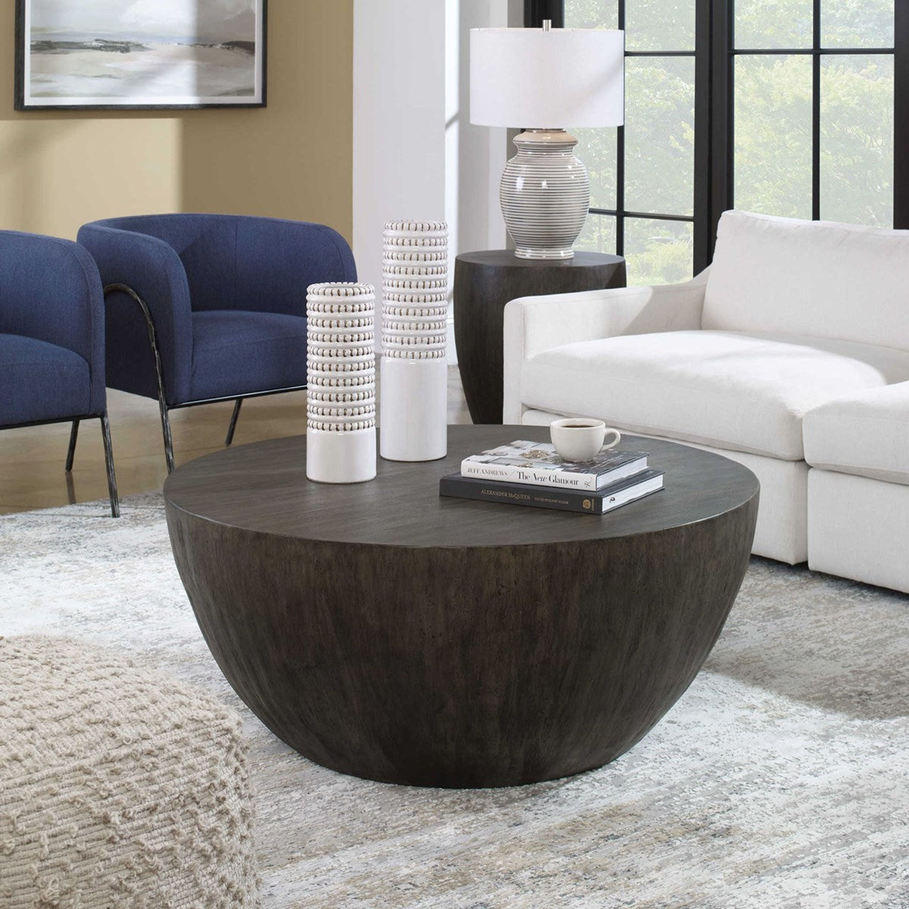 Uttermost Lark Aged Walnut Gray Mango Wood Modern Round Coffee Table - Image 3