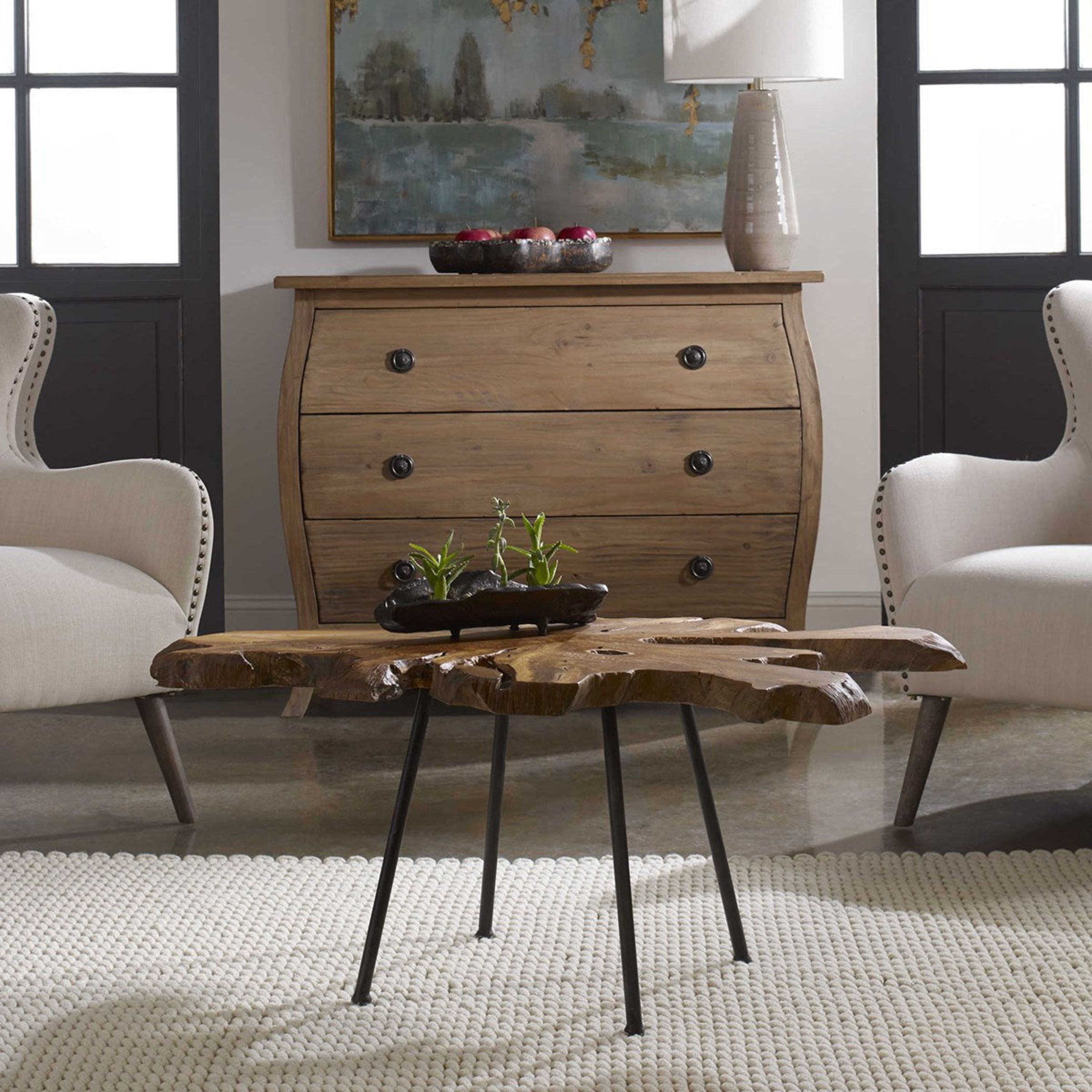 Uttermost Kravitz Natural Teak Wood With Aged Black Iron Rustic Modern Coffee Table - Image 1