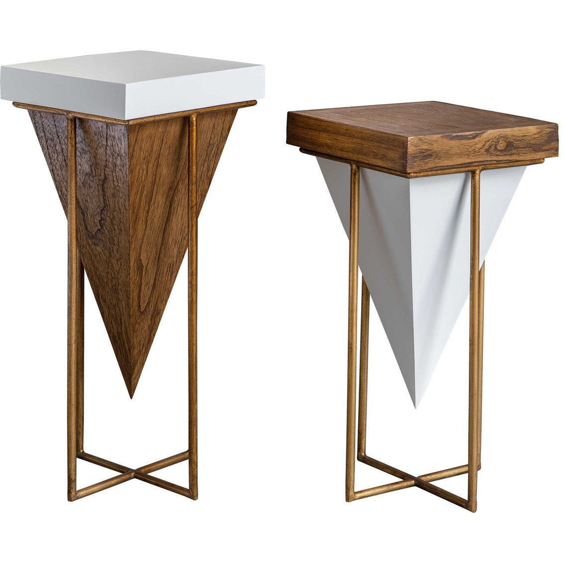 Uttermost Kanos Gloss White and Walnut Tops With Antique Gold Bases Set of 2 Modern Accent Tables - Image 1