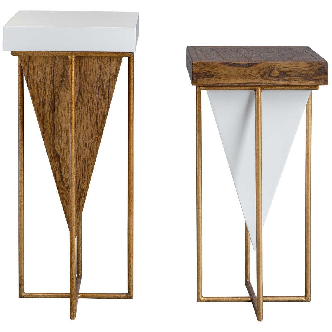 Uttermost Kanos Gloss White and Walnut Tops With Antique Gold Bases Set of 2 Modern Accent Tables - Image 3