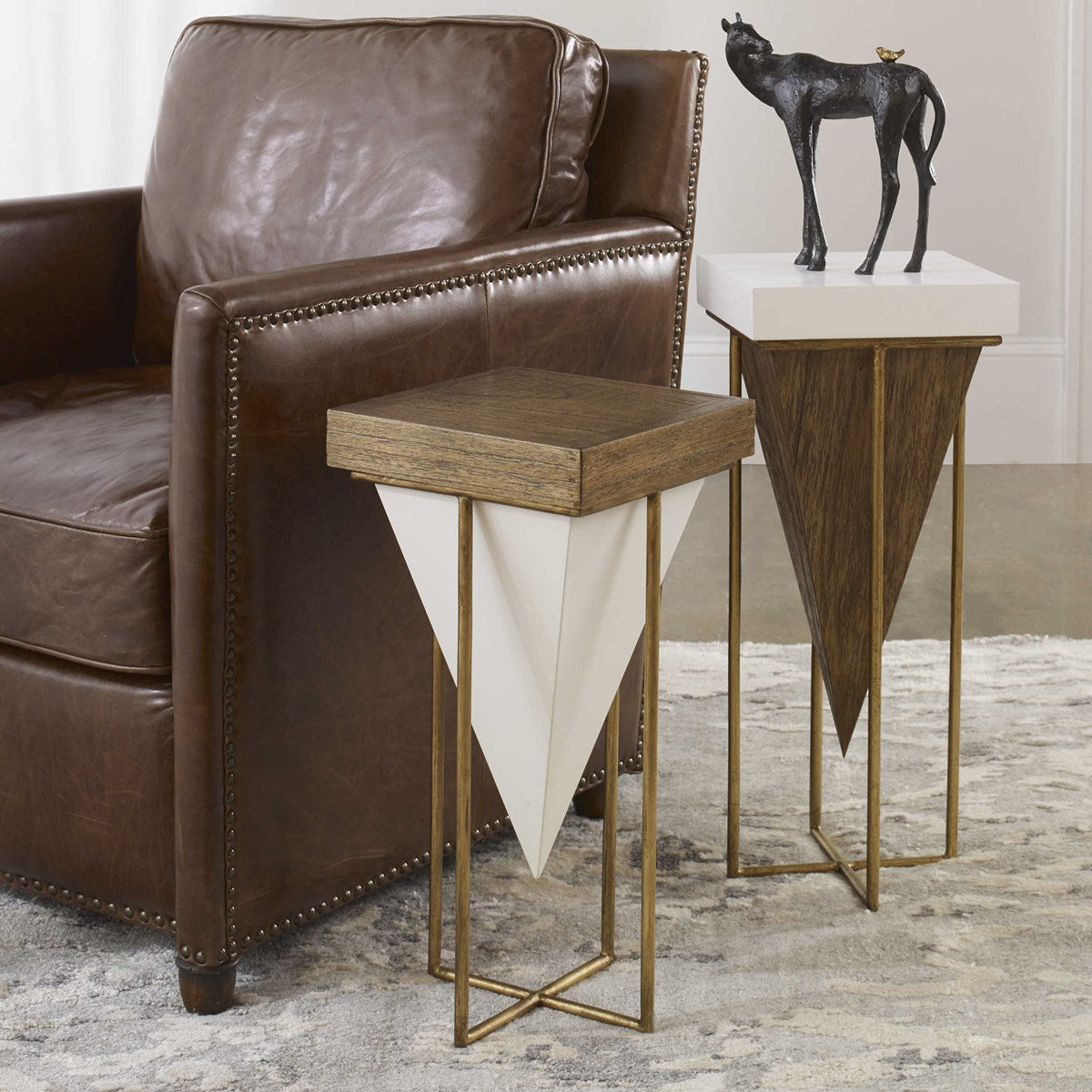 Uttermost Kanos Gloss White and Walnut Tops With Antique Gold Bases Set of 2 Modern Accent Tables - Image 2