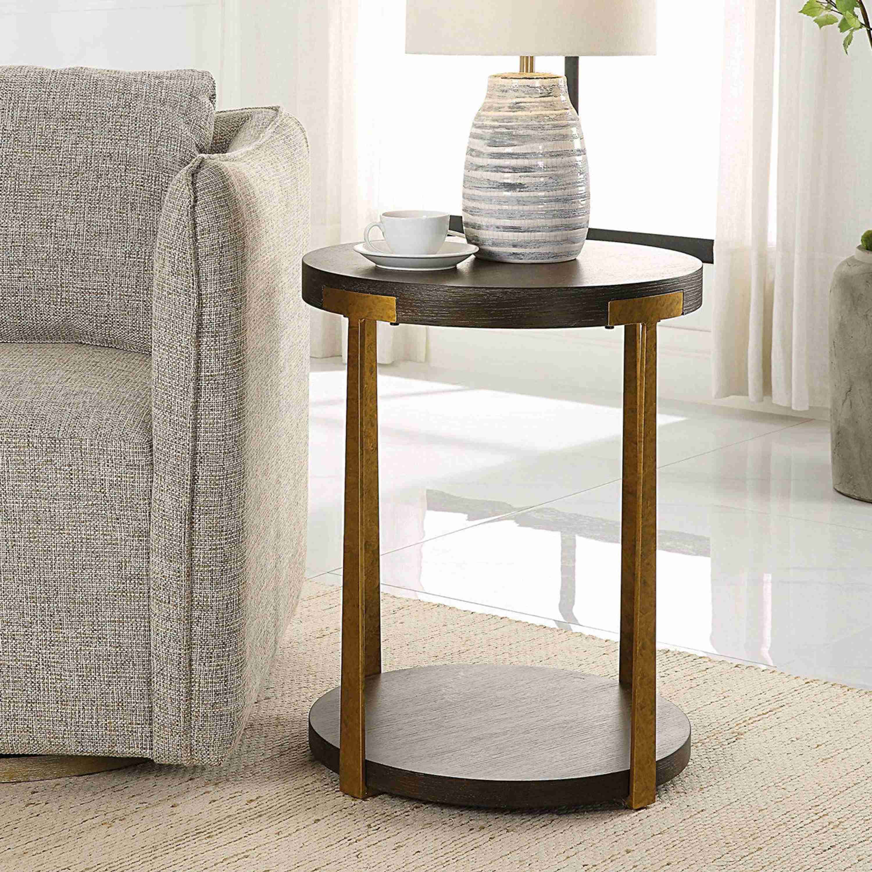 Uttermost Palisade Rich Coffee Finished Oak With Antiqued Gold Metal Modern Side Table - Image 3