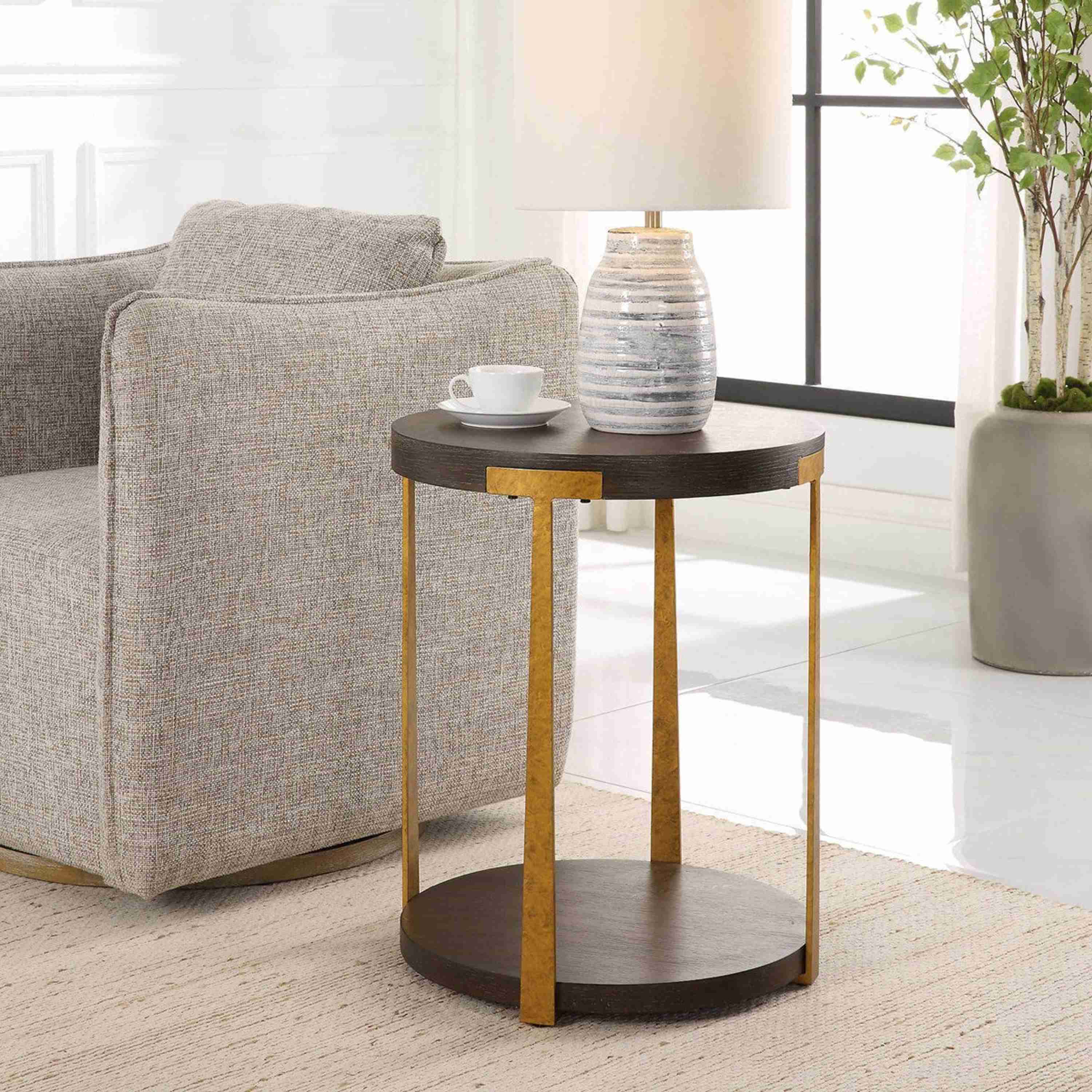 Uttermost Palisade Rich Coffee Finished Oak With Antiqued Gold Metal Modern Side Table - Image 2