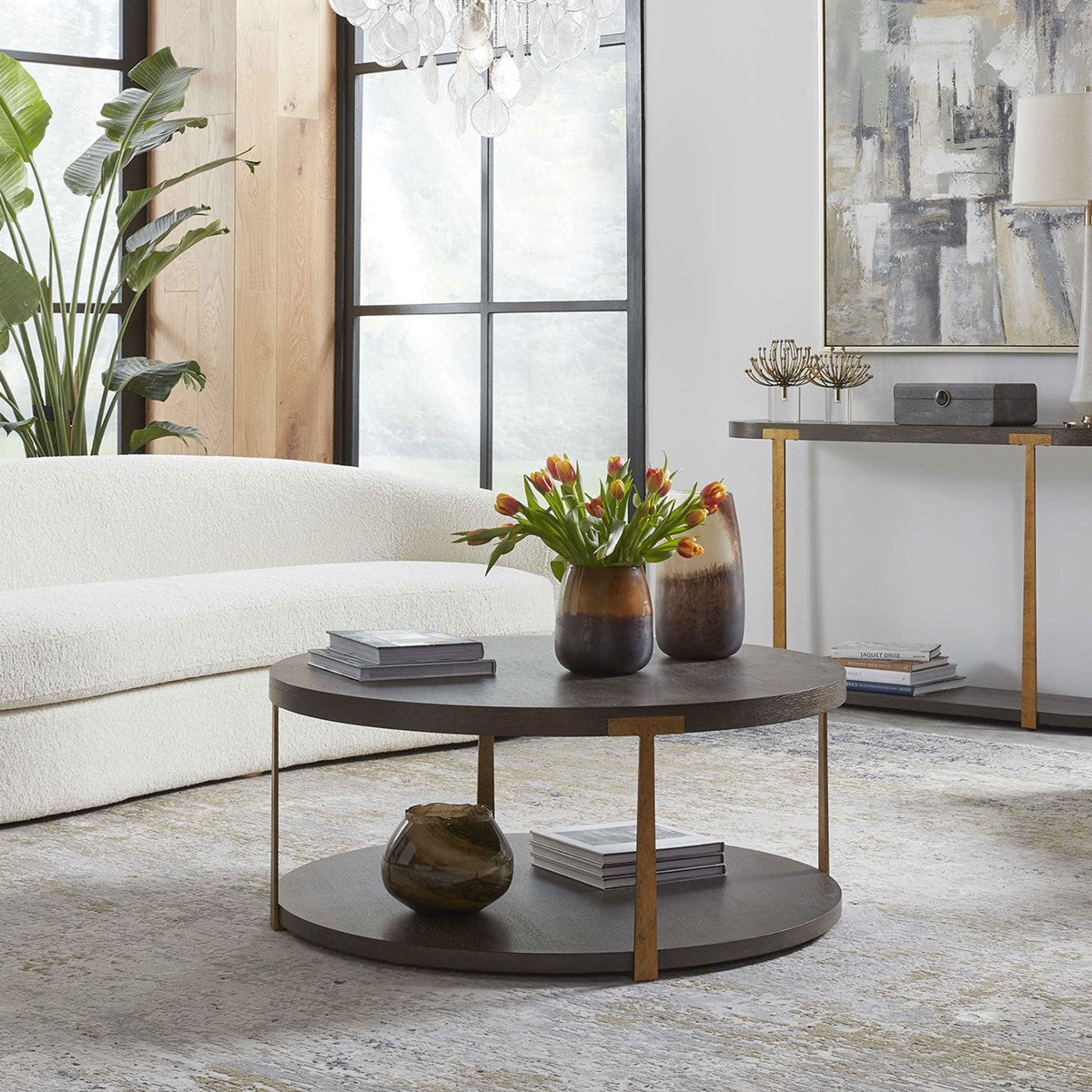 Uttermost Palisade Rich Coffee Finished Oak Top with Antiqued Gold Metal Modern Round Coffee Table - Image 1