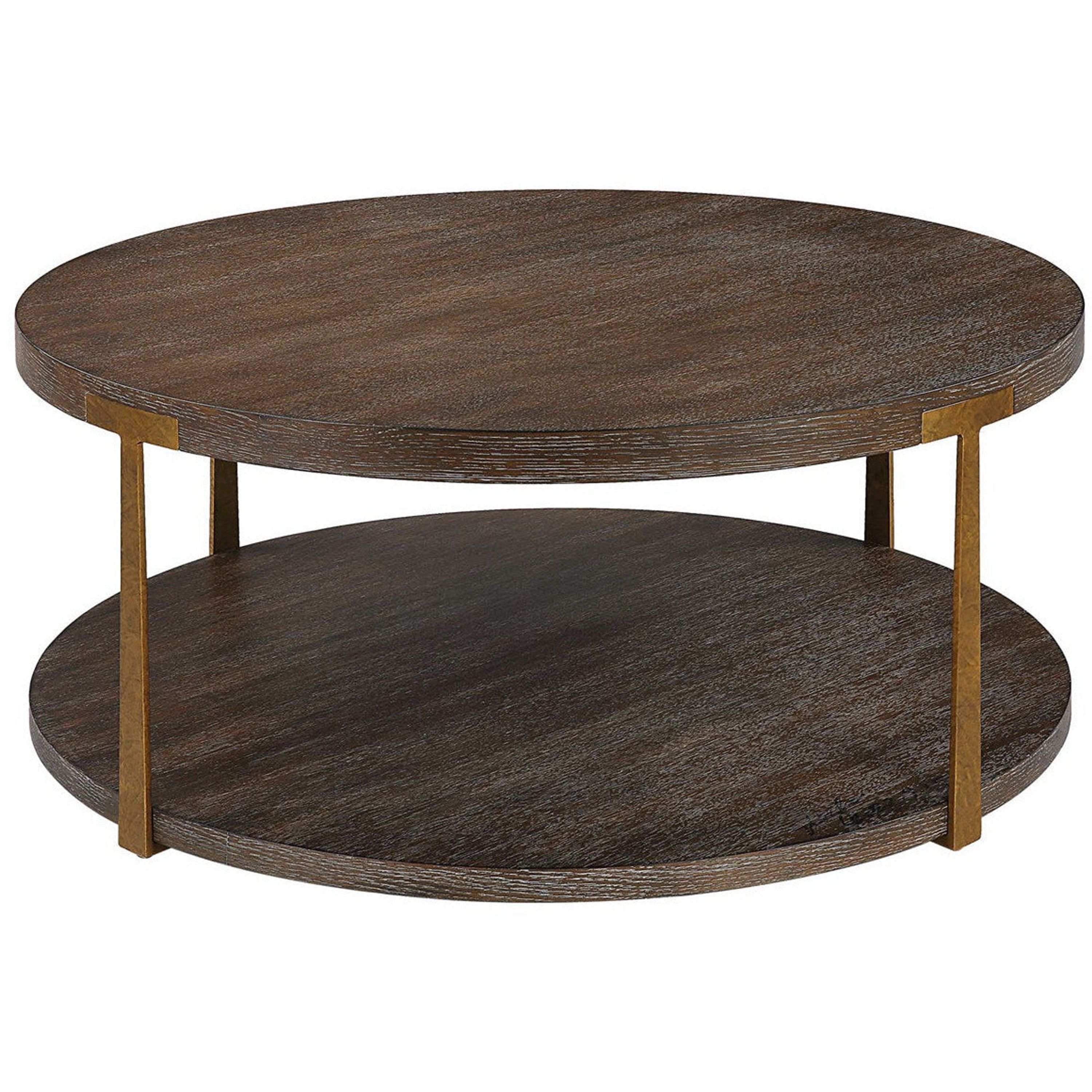 Uttermost Palisade Rich Coffee Finished Oak Top with Antiqued Gold Metal Modern Round Coffee Table - Image 2