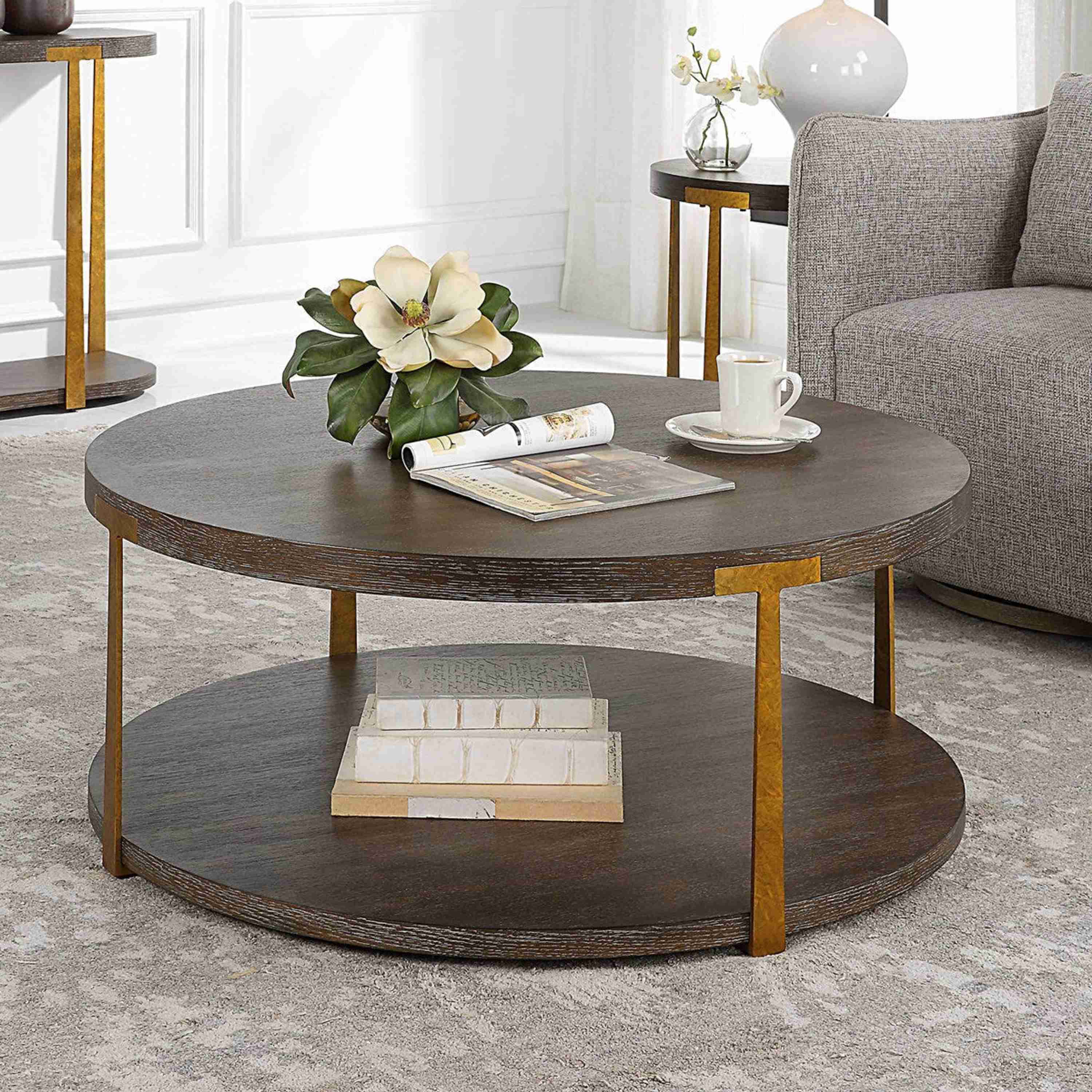 Uttermost Palisade Rich Coffee Finished Oak Top with Antiqued Gold Metal Modern Round Coffee Table - Image 3