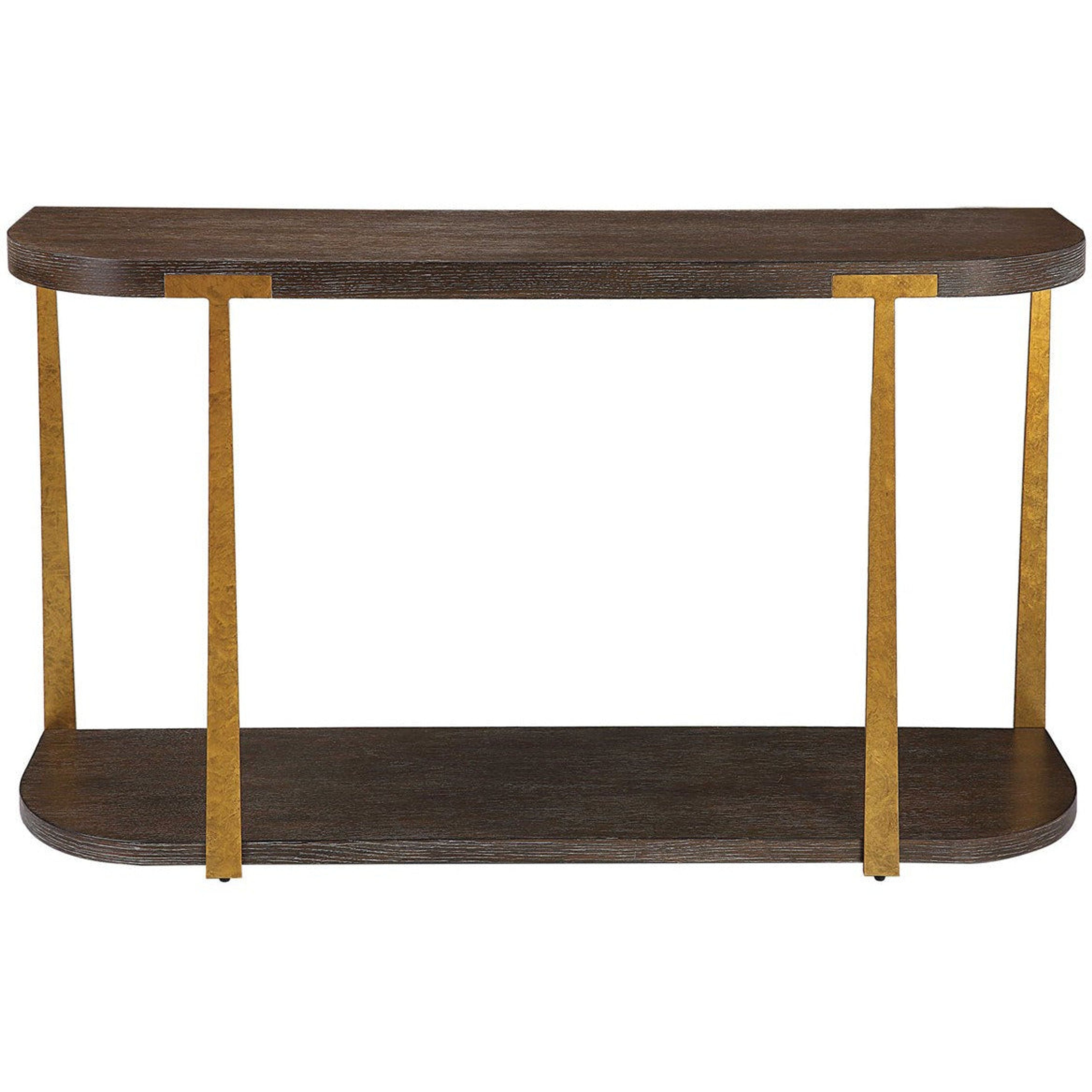 Uttermost Palisade Rich Coffee Finished Oak With Antiqued Gold Metal Modern Console Table - Image 2