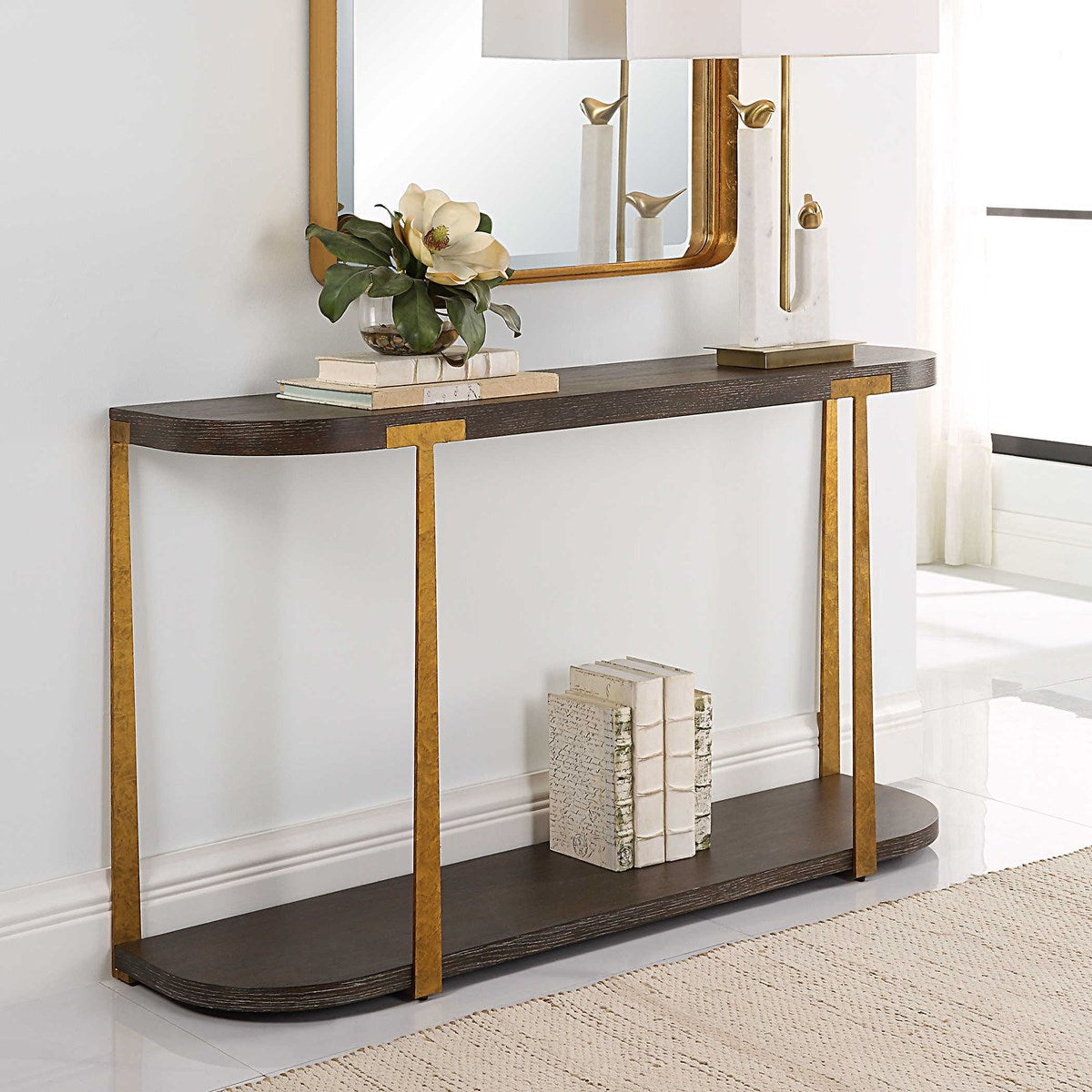 Uttermost Palisade Rich Coffee Finished Oak With Antiqued Gold Metal Modern Console Table - Image 3