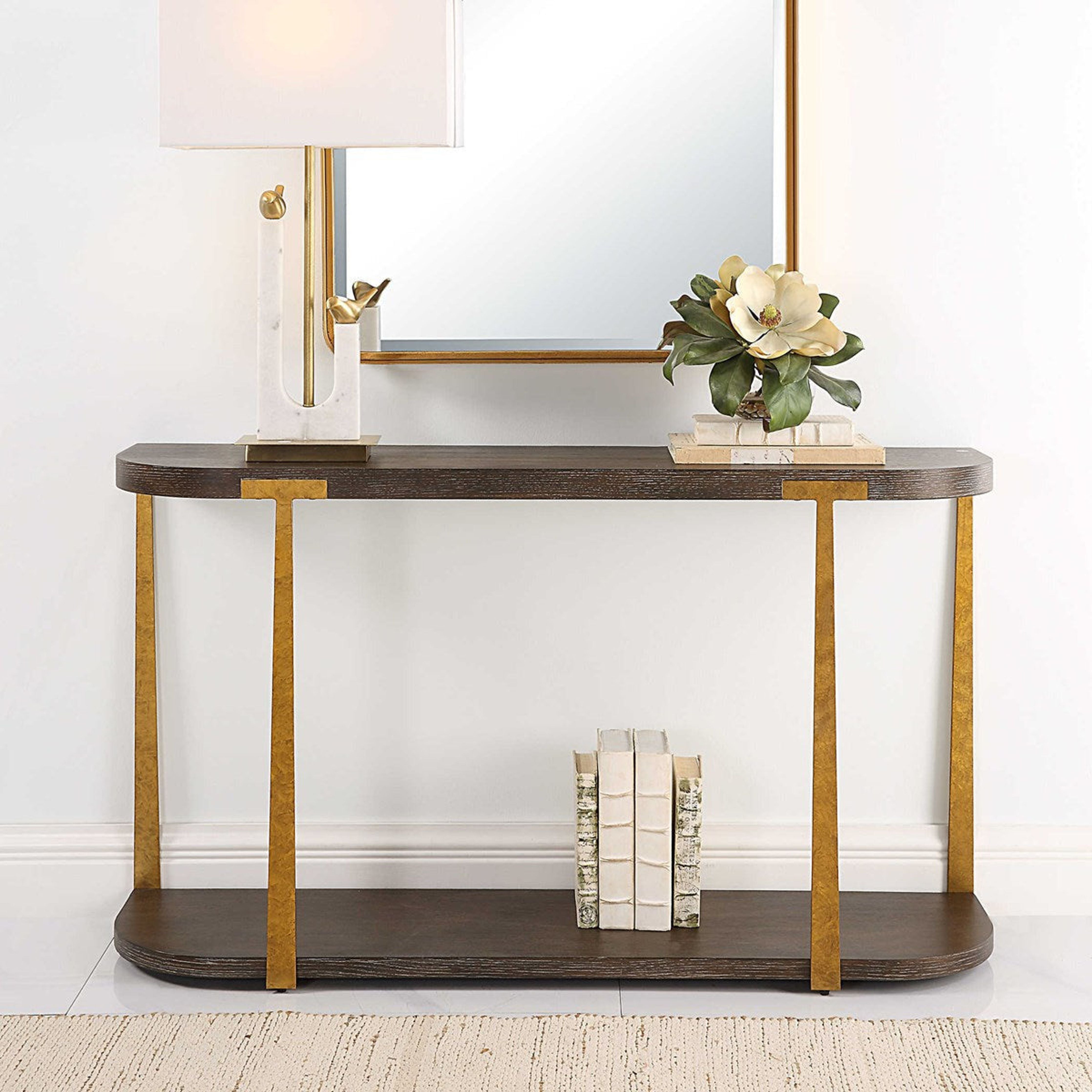 Uttermost Palisade Rich Coffee Finished Oak With Antiqued Gold Metal Modern Console Table - Image 1