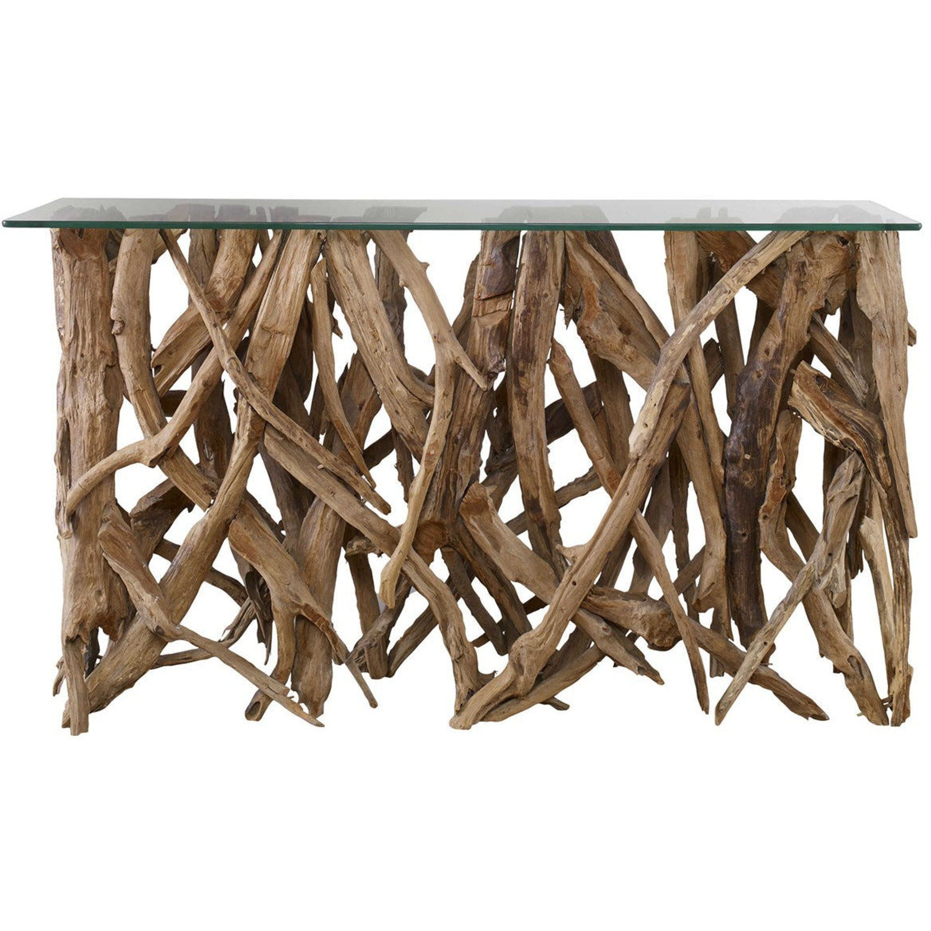 Uttermost Glass Top With Natural Sculptural Teak Wood Organic Modern Console Table - Image 3