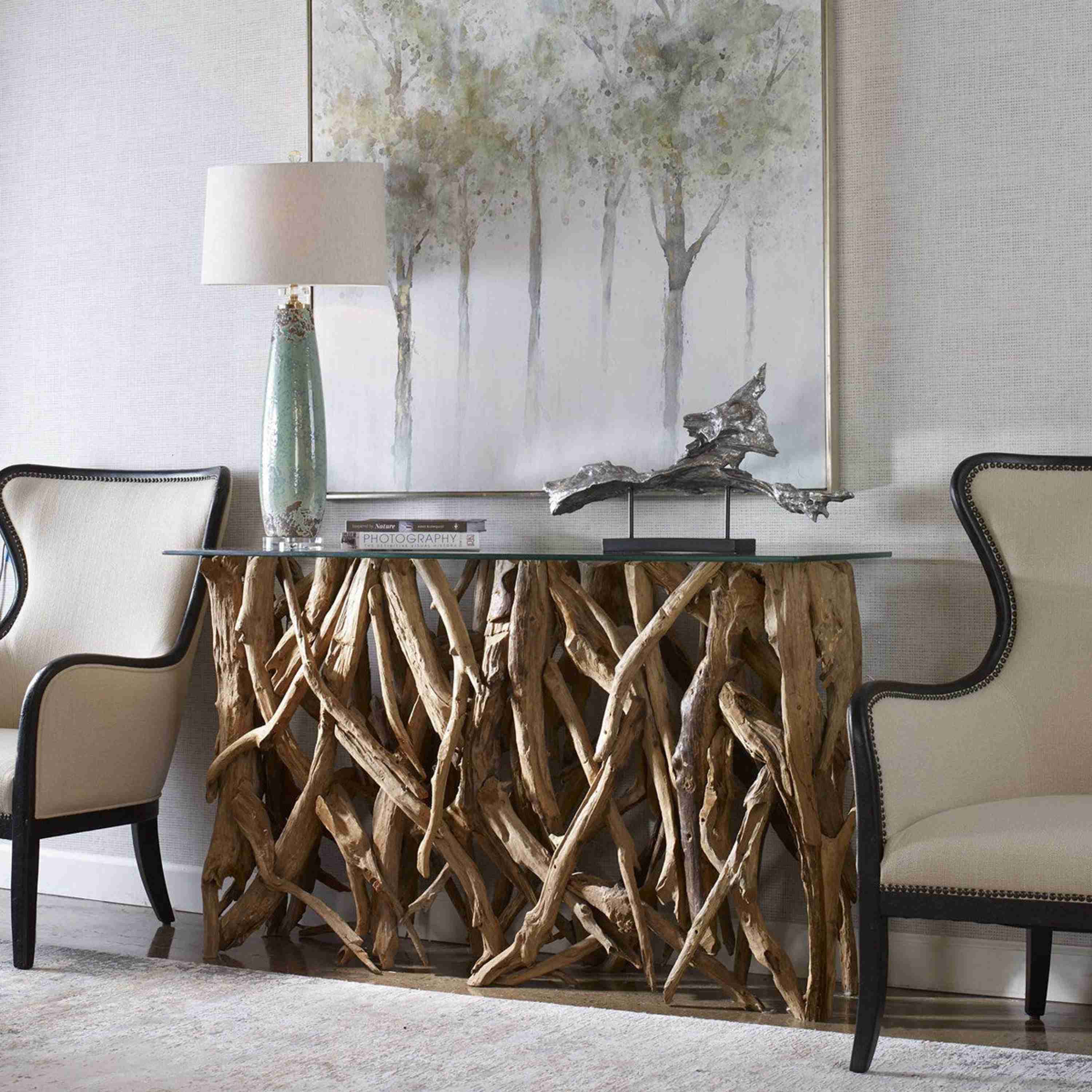 Uttermost Glass Top With Natural Sculptural Teak Wood Organic Modern Console Table - Image 1