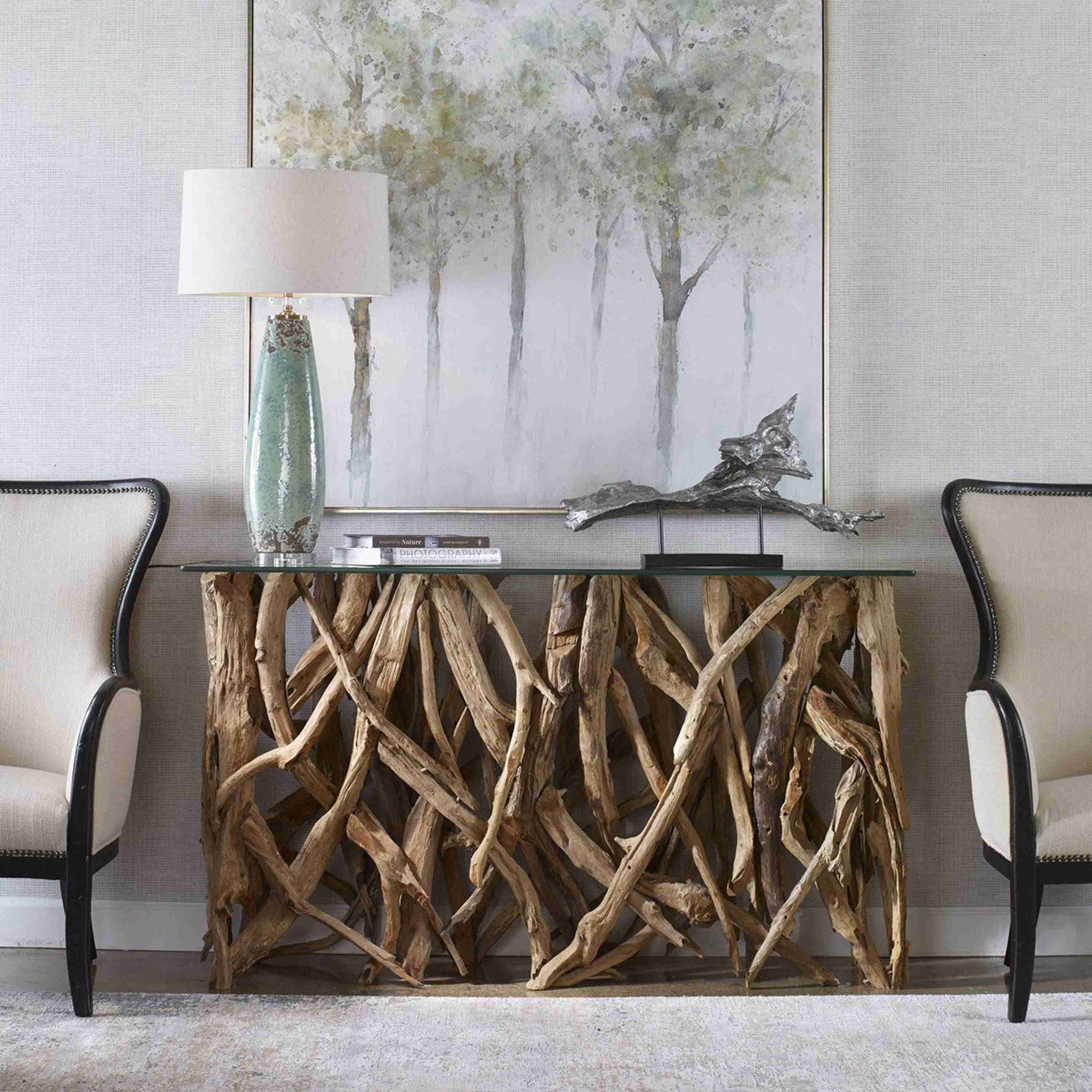 Uttermost Glass Top With Natural Sculptural Teak Wood Organic Modern Console Table - Image 2