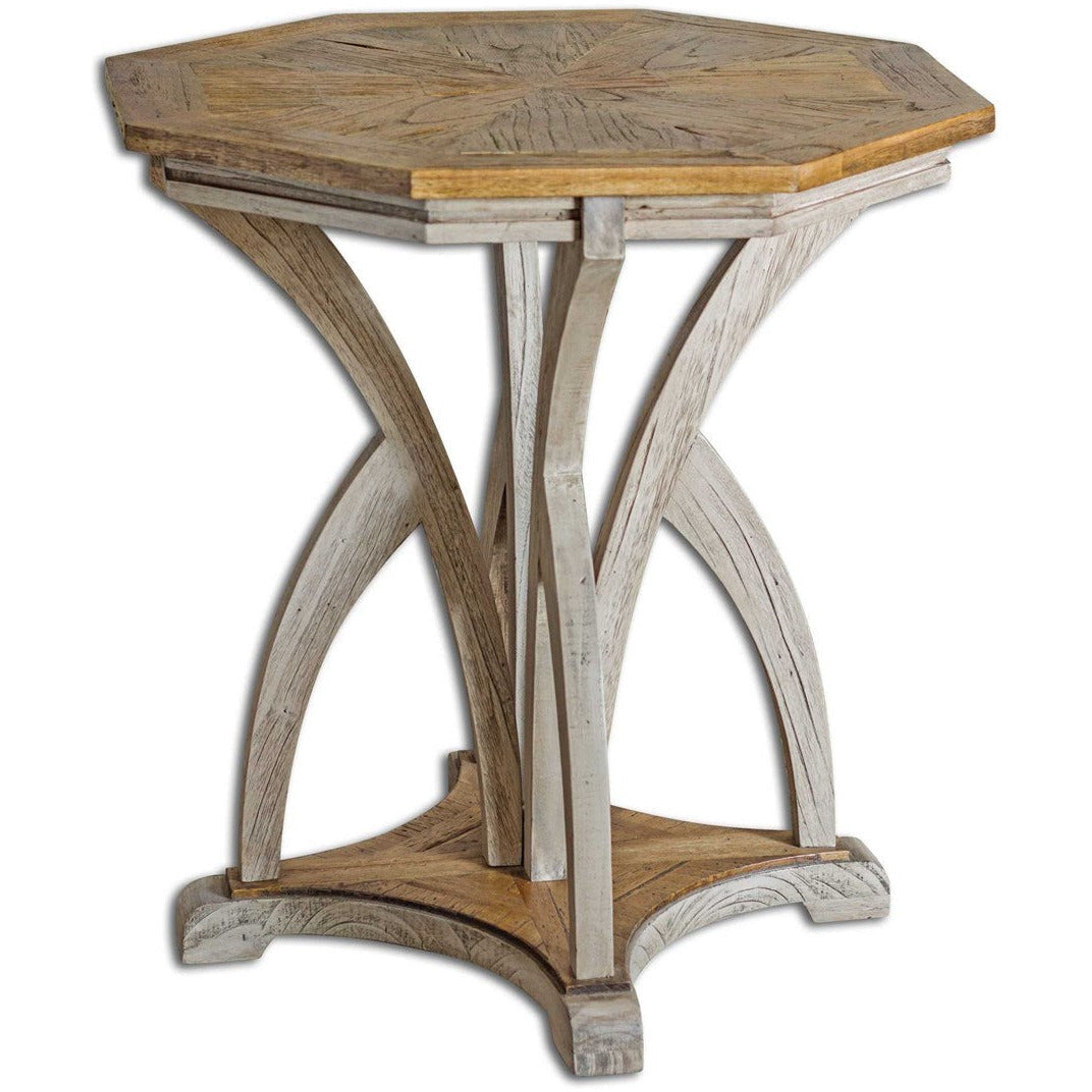 Uttermost Ranen Golden Mango and Aged White Carved Mindi Wood Round Side Table - Image 1
