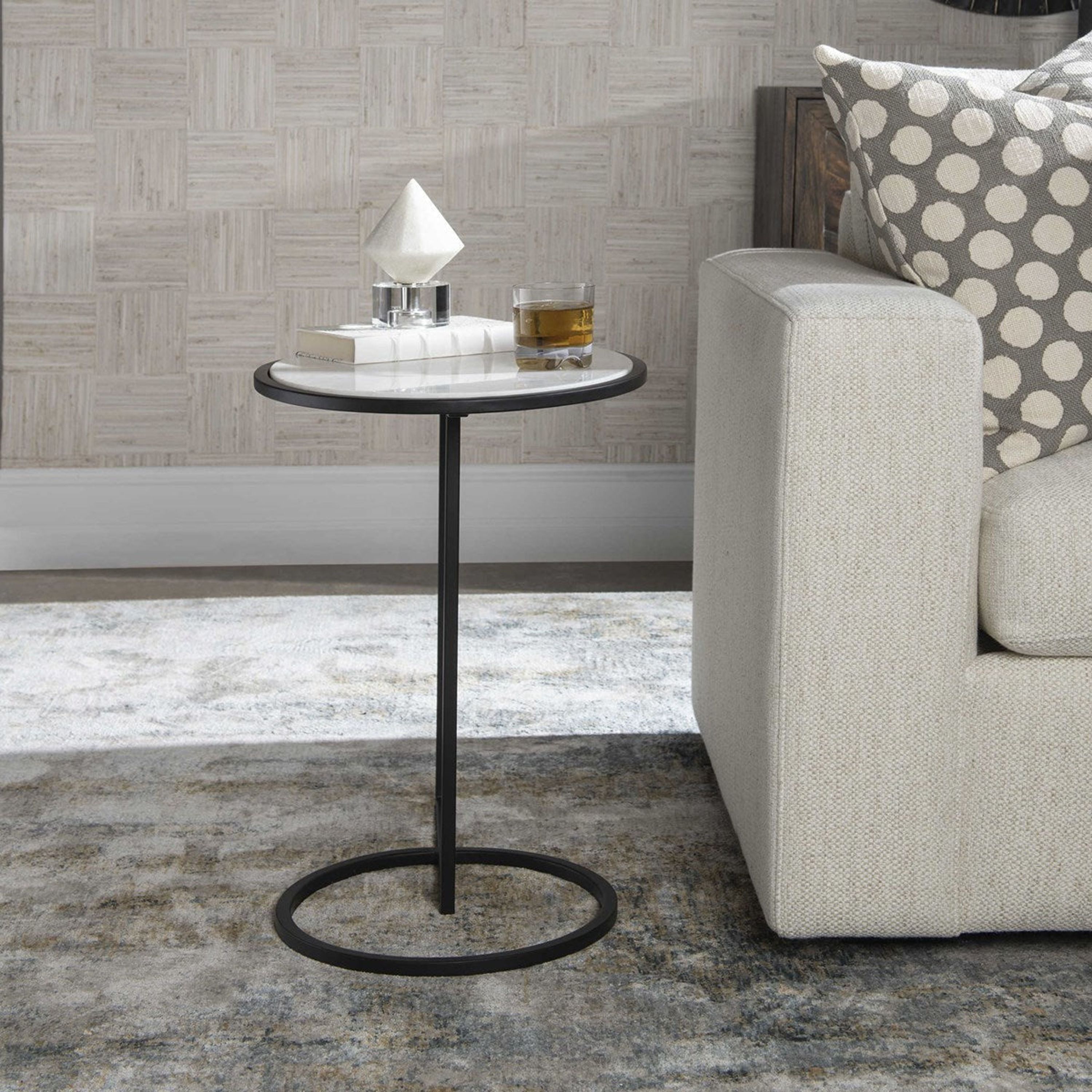 Uttermost Twofold White Marble Stone Top With Black Iron Base Accent Table - Image 3
