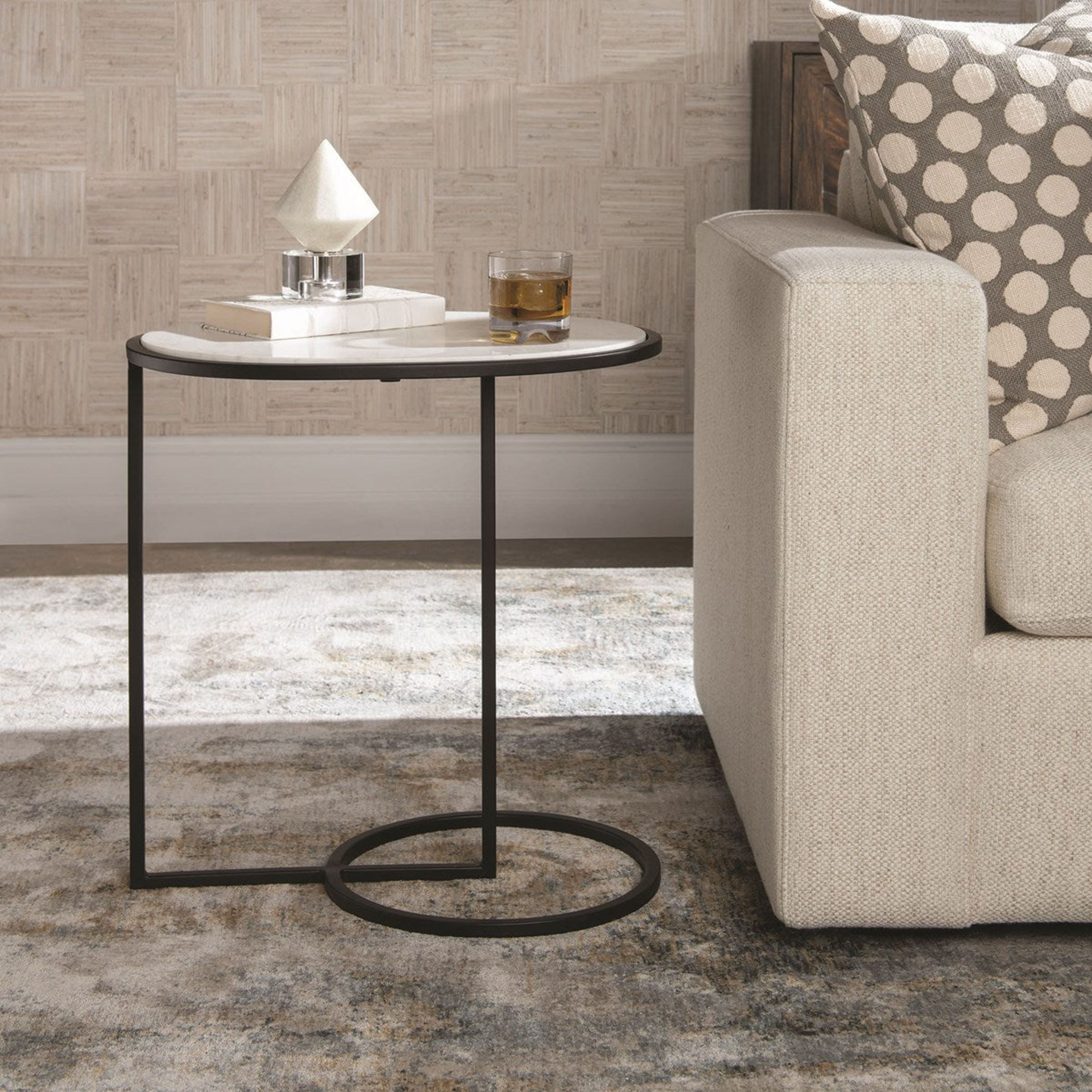 Uttermost Twofold White Marble Stone Top With Black Iron Base Accent Table - Image 2