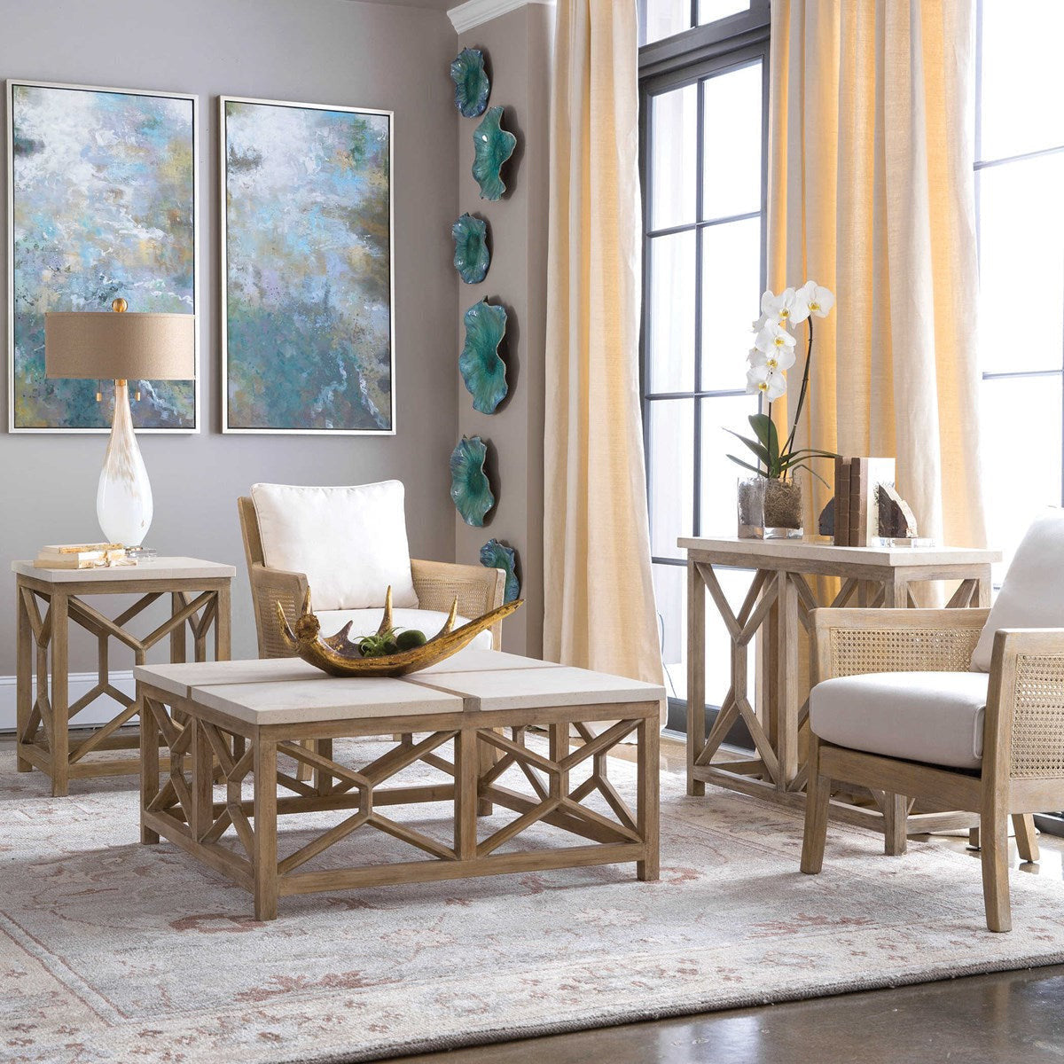 Uttermost Catali Natural Ivory Limestone Top With Wood Base Coffee Table - Image 2