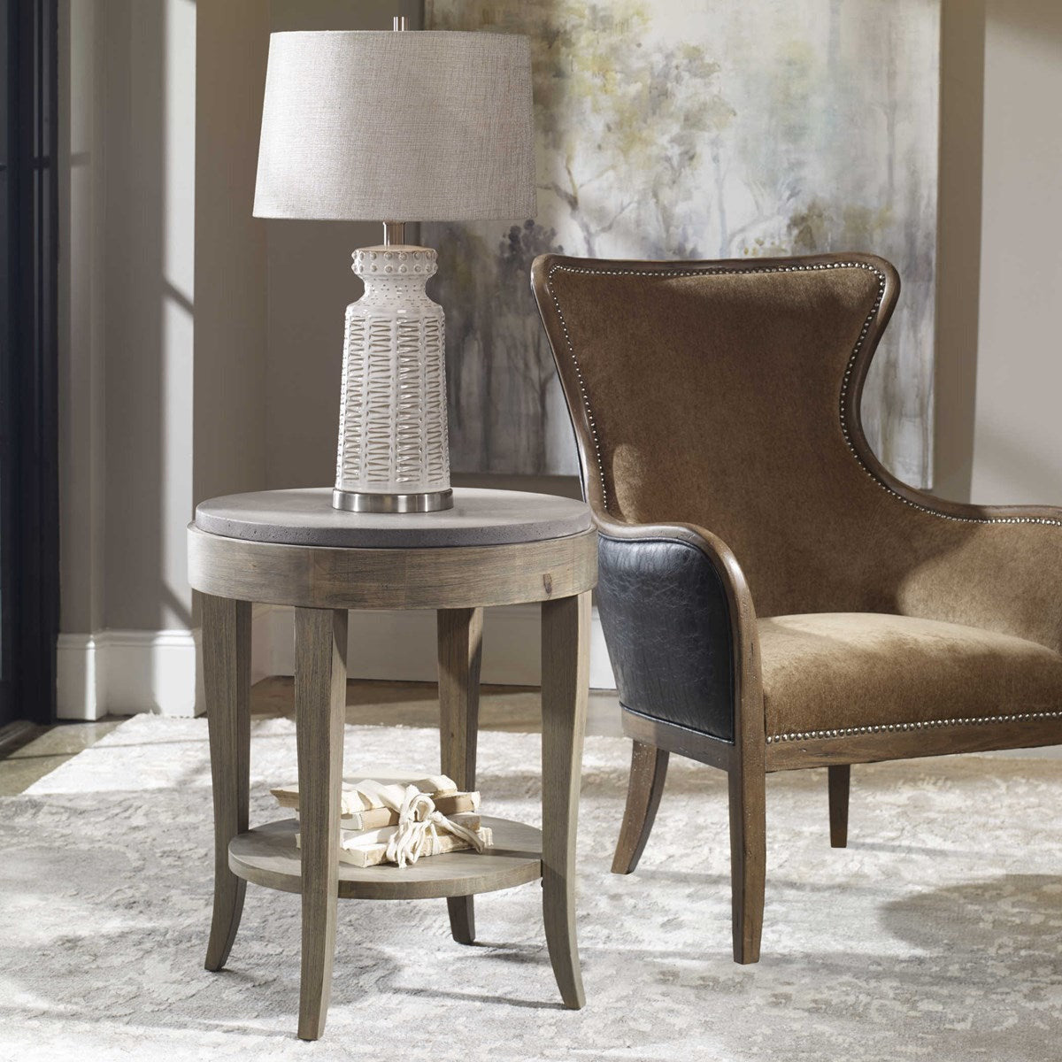Uttermost Deka Concrete Top With Birch Wood Round Side Table - Image 1