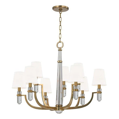 Brass Nine-Light Chandelier with White Faux Silk Shade - Image 1