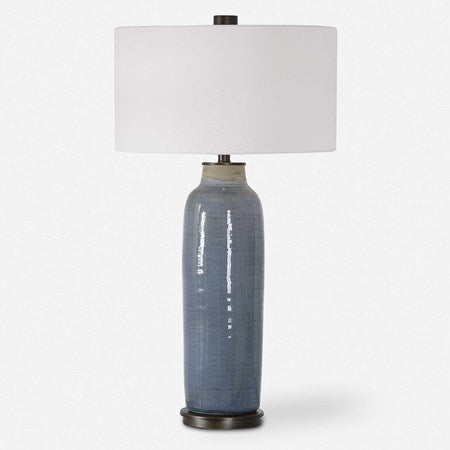 Uttermost Vicente Slate Blue Glazed Ceramic Table Lamp With White Linen Shade - Image 2