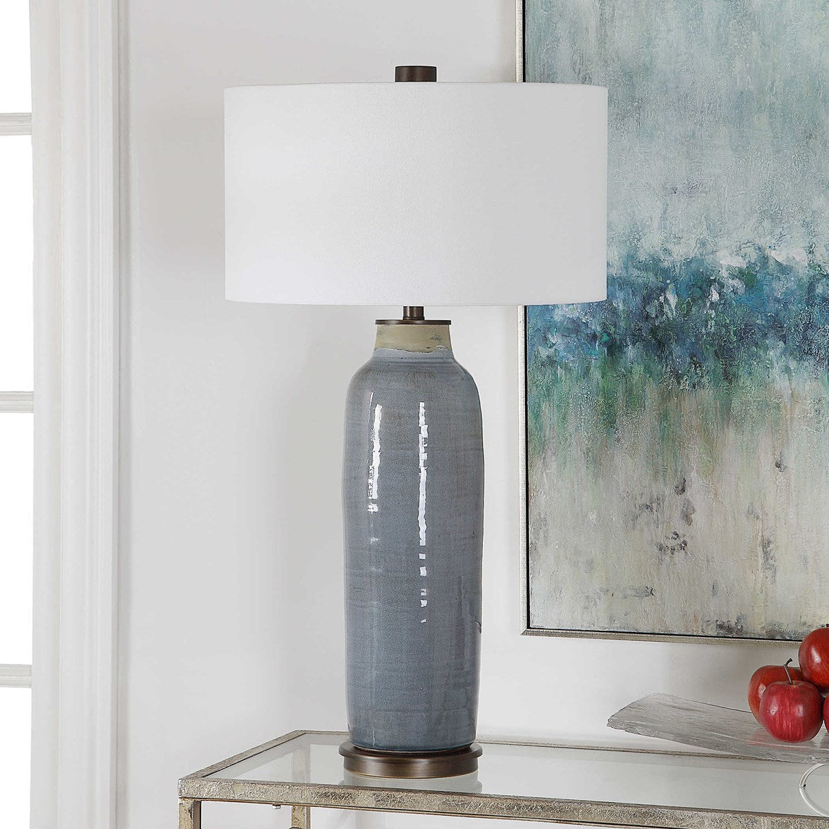 Uttermost Vicente Slate Blue Glazed Ceramic Table Lamp With White Linen Shade - Image 1