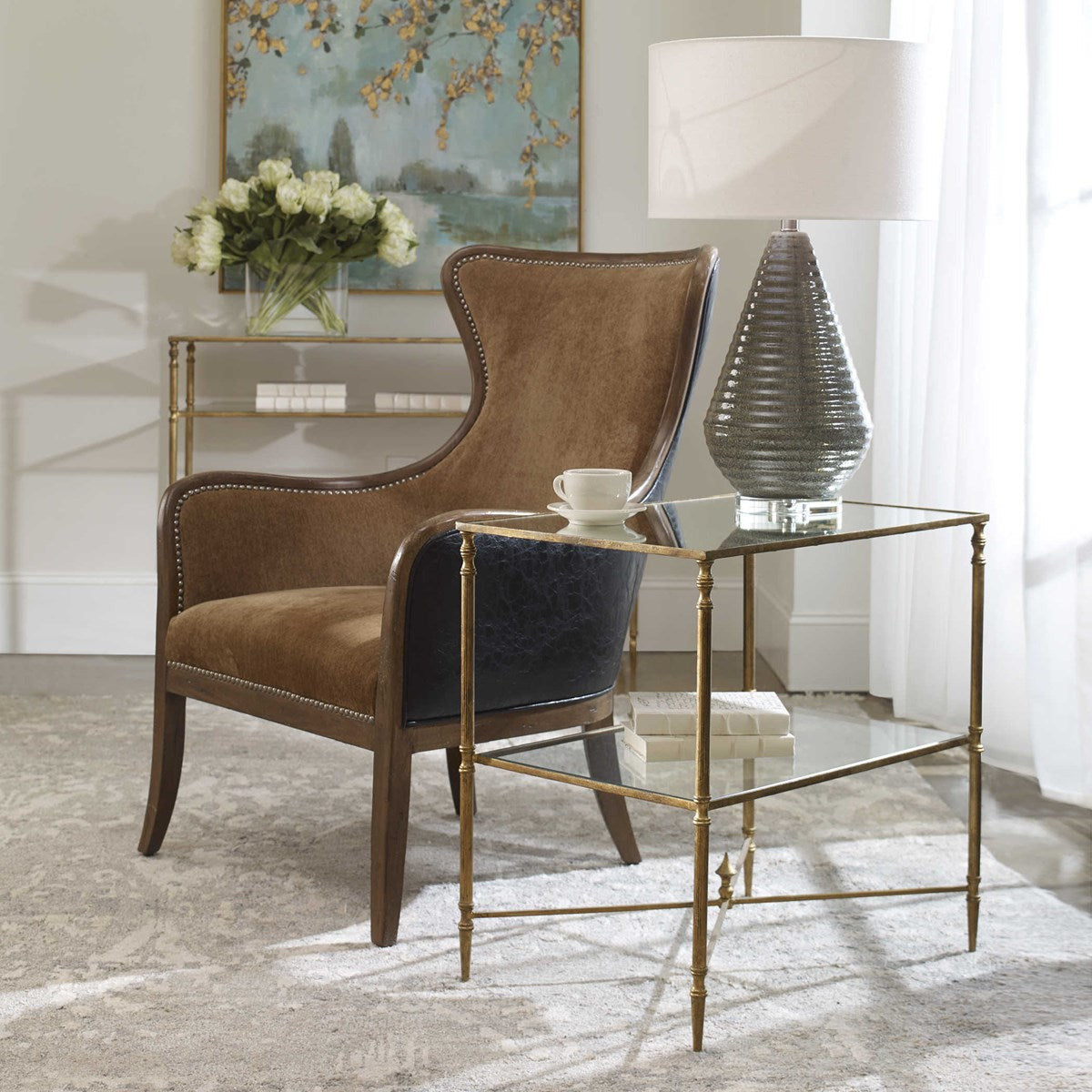 Uttermost Henzler Mirrored Top With Antiqued Gold Iron Side Table - Image 1