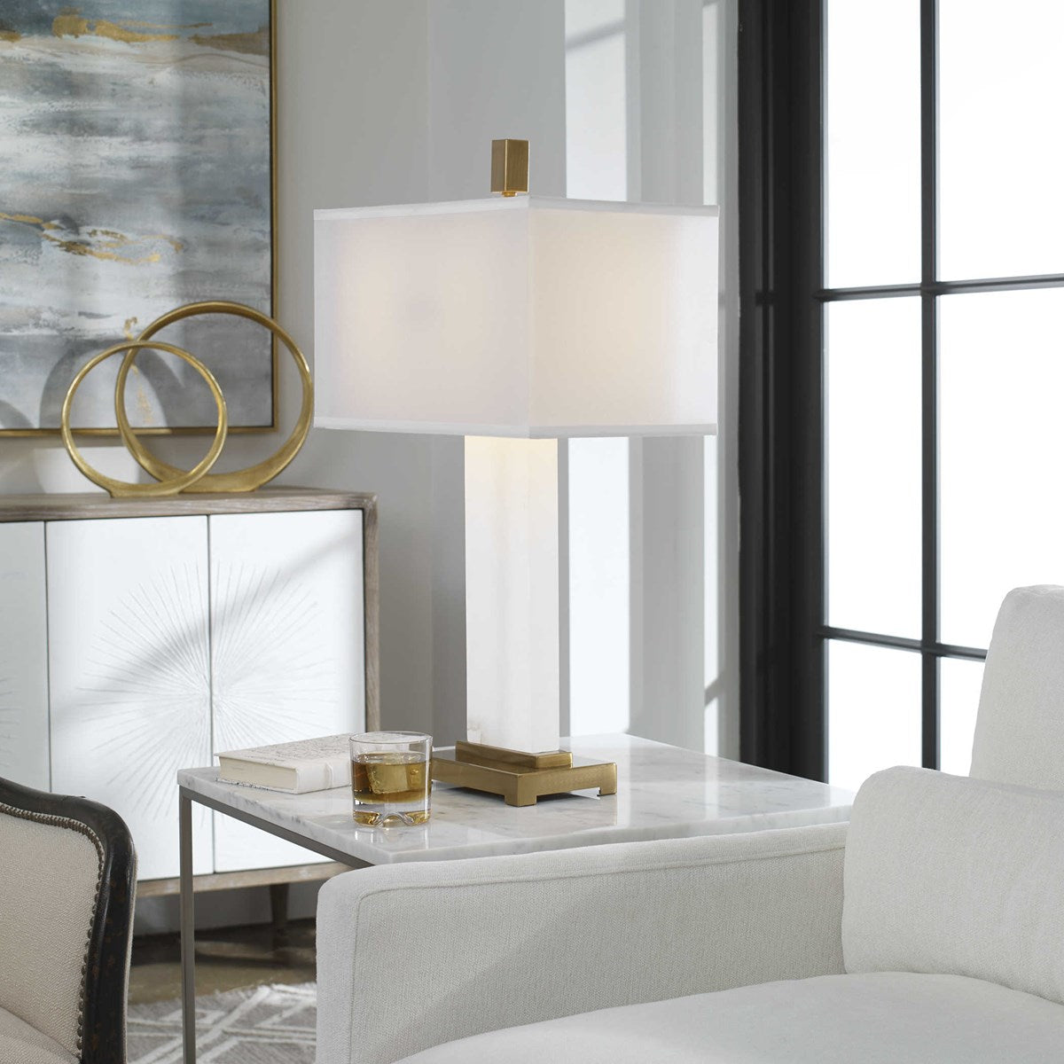 Uttermost Athanas White Alabaster Table Lamp With Linen Shade - Image 1