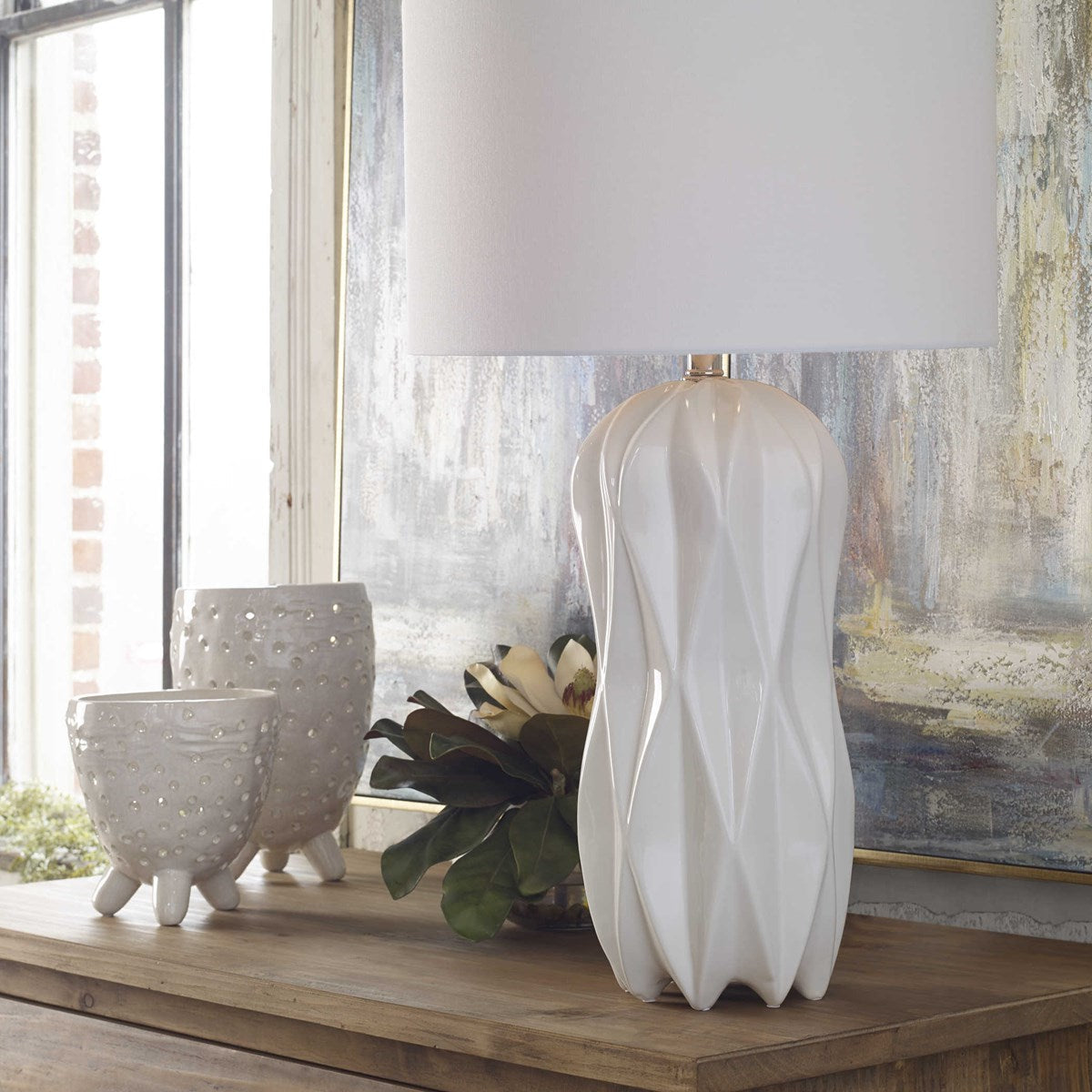 Uttermost Malena Glossy White Glazed Ceramic Table Lamp With White Linen Shade - Image 3