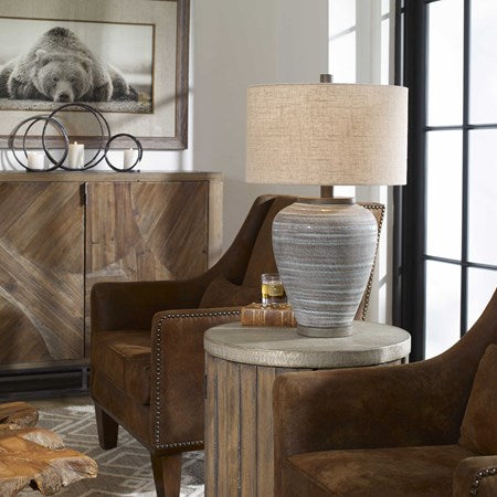 Uttermost Pelia Aqua Blue Crackled Glaze Ceramic Table Lamp With Beige Linen Shade - Image 3
