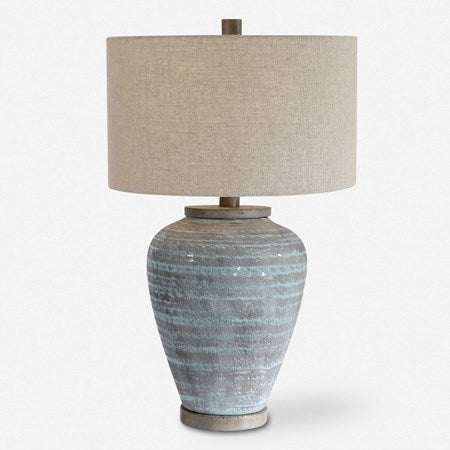 Uttermost Pelia Aqua Blue Crackled Glaze Ceramic Table Lamp With Beige Linen Shade - Image 2