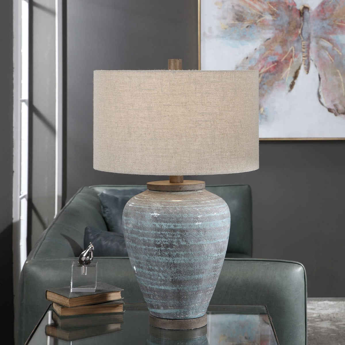 Uttermost Pelia Aqua Blue Crackled Glaze Ceramic Table Lamp With Beige Linen Shade - Image 1