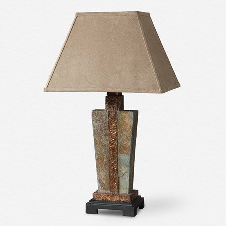 Uttermost Slate Hammered Copper Outdoor Table Lamp With Weather Resistant Fabric Shade - Image 1