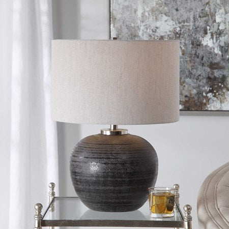 Uttermost Mikkel Charcoal Glazed Textured Ceramic Table Lamp With Oatmeal Linen Shade - Image 2