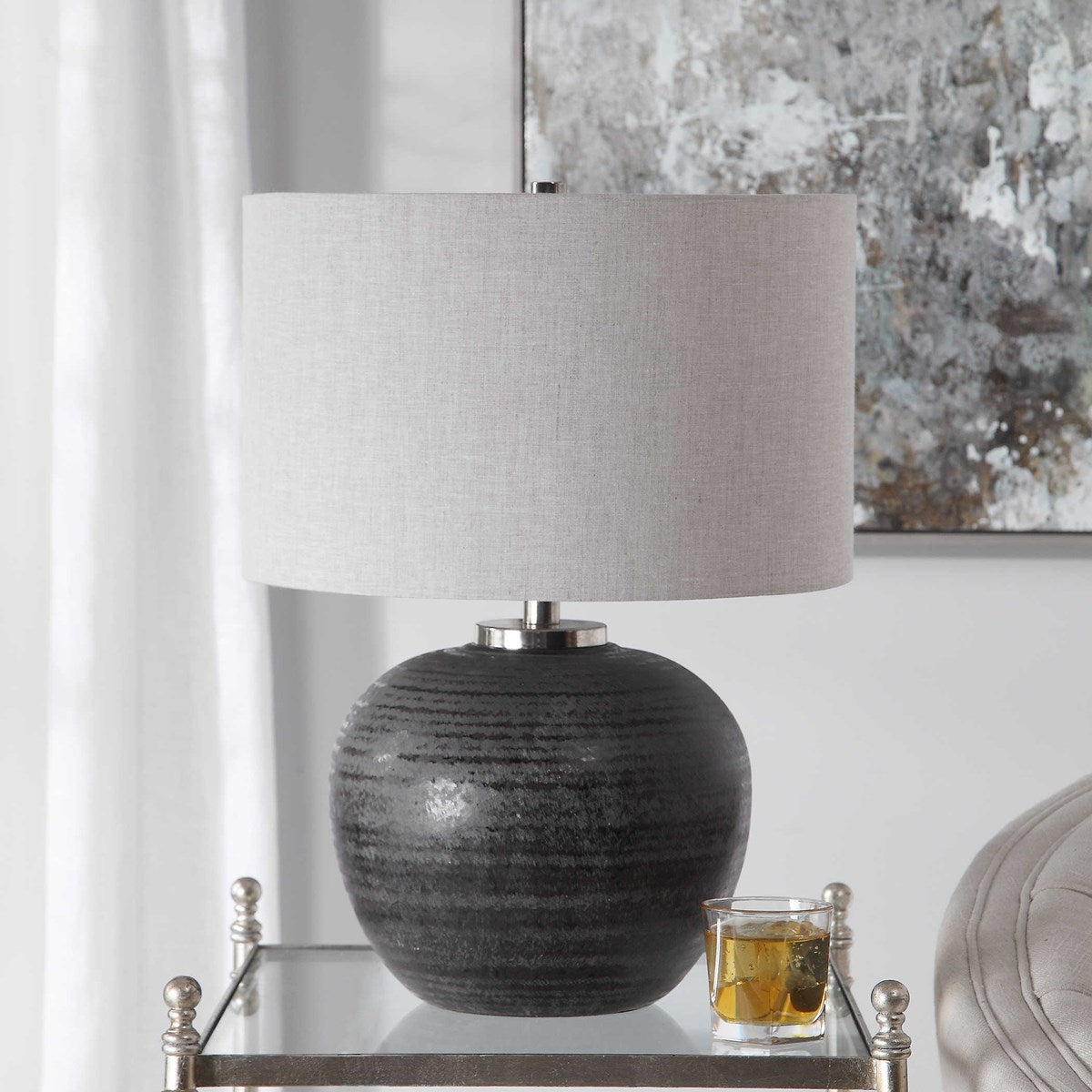Uttermost Mikkel Charcoal Glazed Textured Ceramic Table Lamp With Oatmeal Linen Shade - Image 1