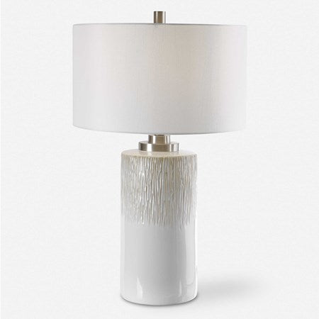 Uttermost Georgios Aged White Ceramic Cylinder Table Lamp With Linen Shade - Image 3
