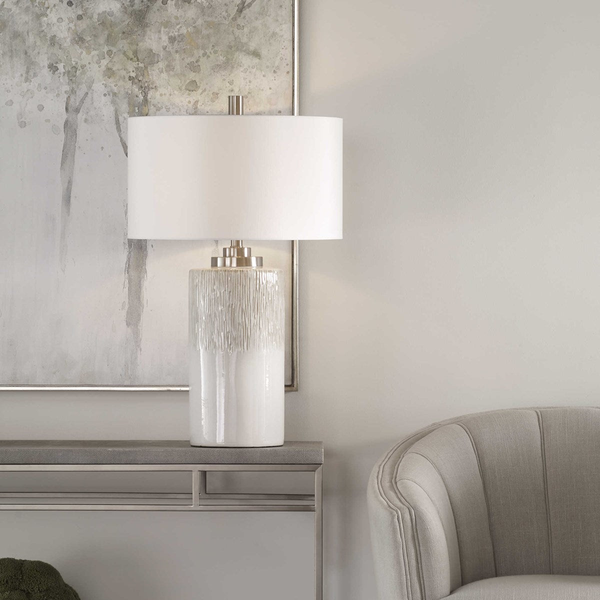 Uttermost Georgios Aged White Ceramic Cylinder Table Lamp With Linen Shade - Image 1