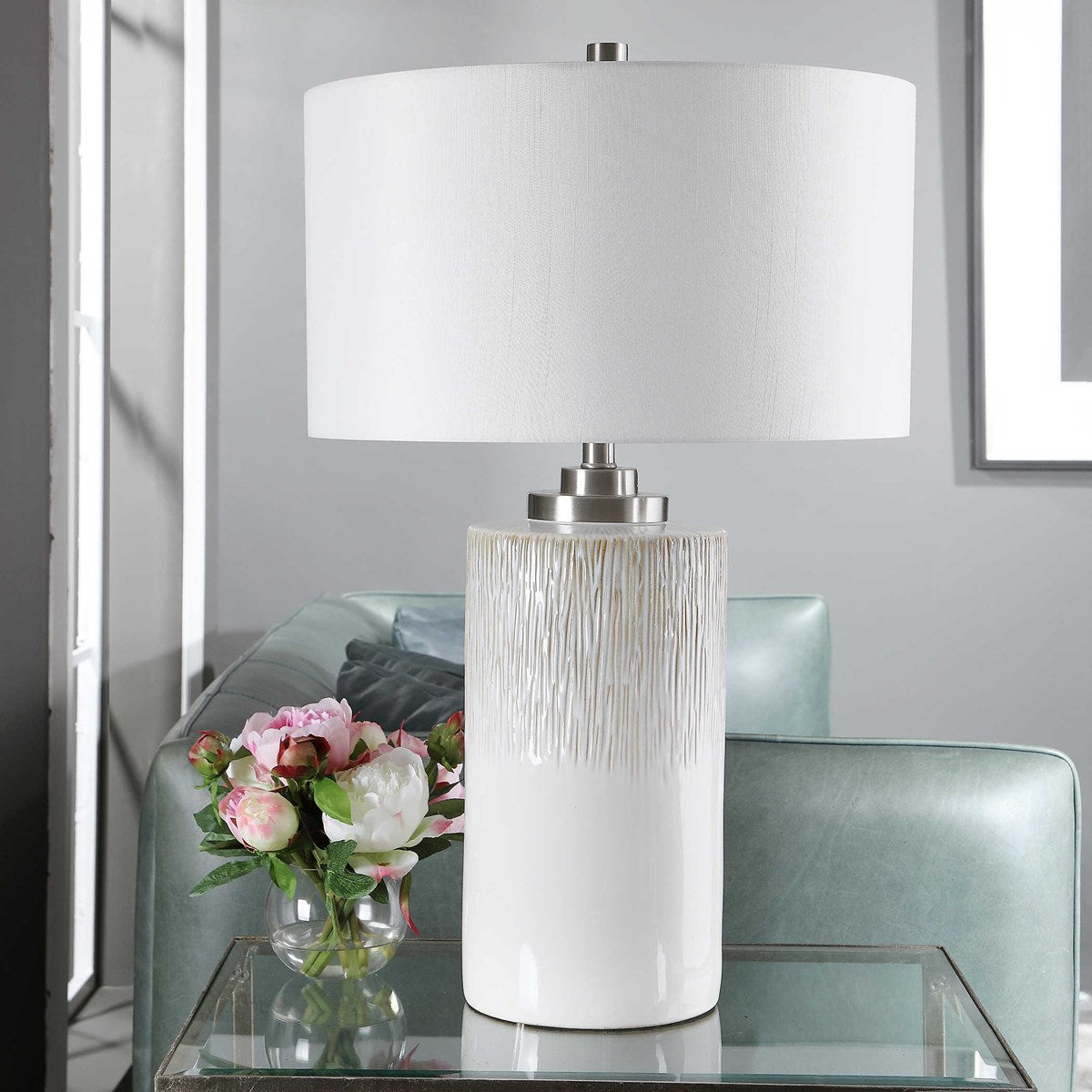 Uttermost Georgios Aged White Ceramic Cylinder Table Lamp With Linen Shade - Image 2