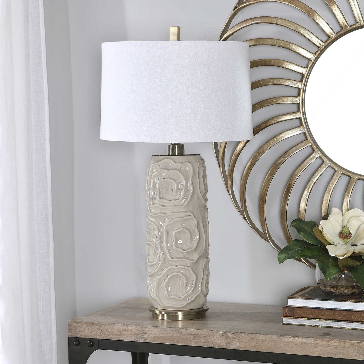 Uttermost Zade Warm Gray Glazed Ceramic Table Lamp With White Linen Shade - Image 3